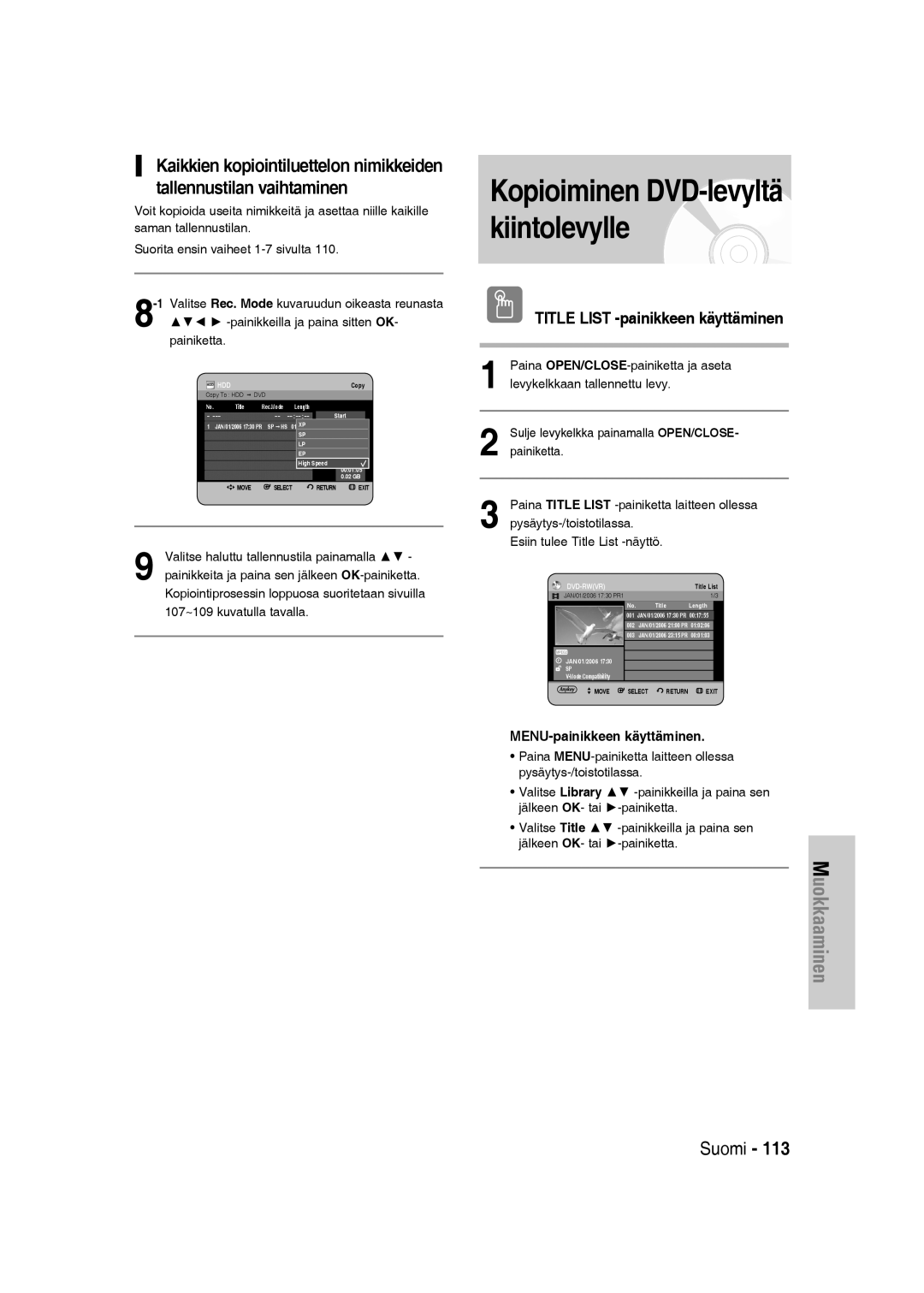 Samsung DVD-SH830/XEE manual Kopioiminen DVD-levyltä kiintolevylle, Title List -painikkeen käyttäminen 