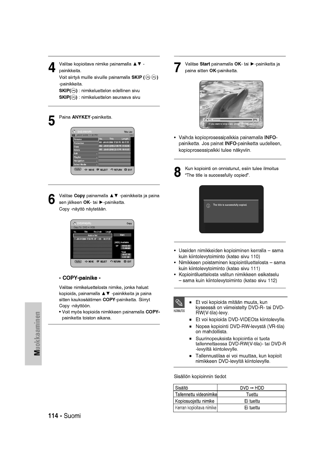 Samsung DVD-SH830/XEE manual Valitse nimikeluettelosta nimike, jonka haluat, Kopioida, painamalla -painikkeita ja paina 