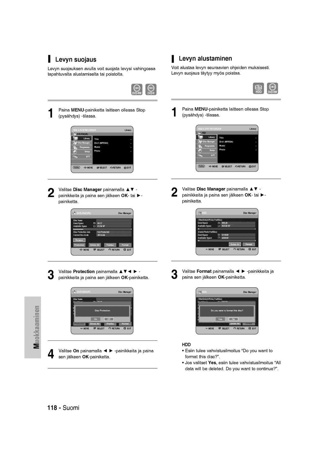 Samsung DVD-SH830/XEE manual Levyn suojaus, Levyn alustaminen 