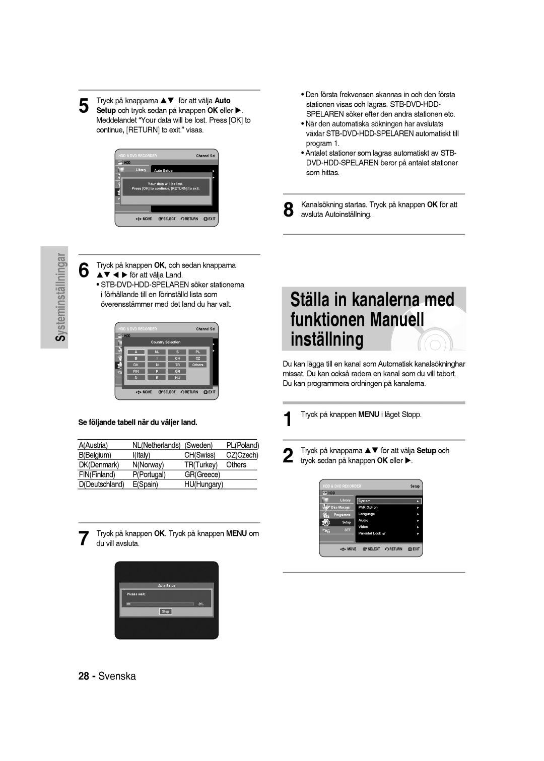 Samsung DVD-SH830/XEE manual Ställa in kanalerna med funktionen Manuell inställning 