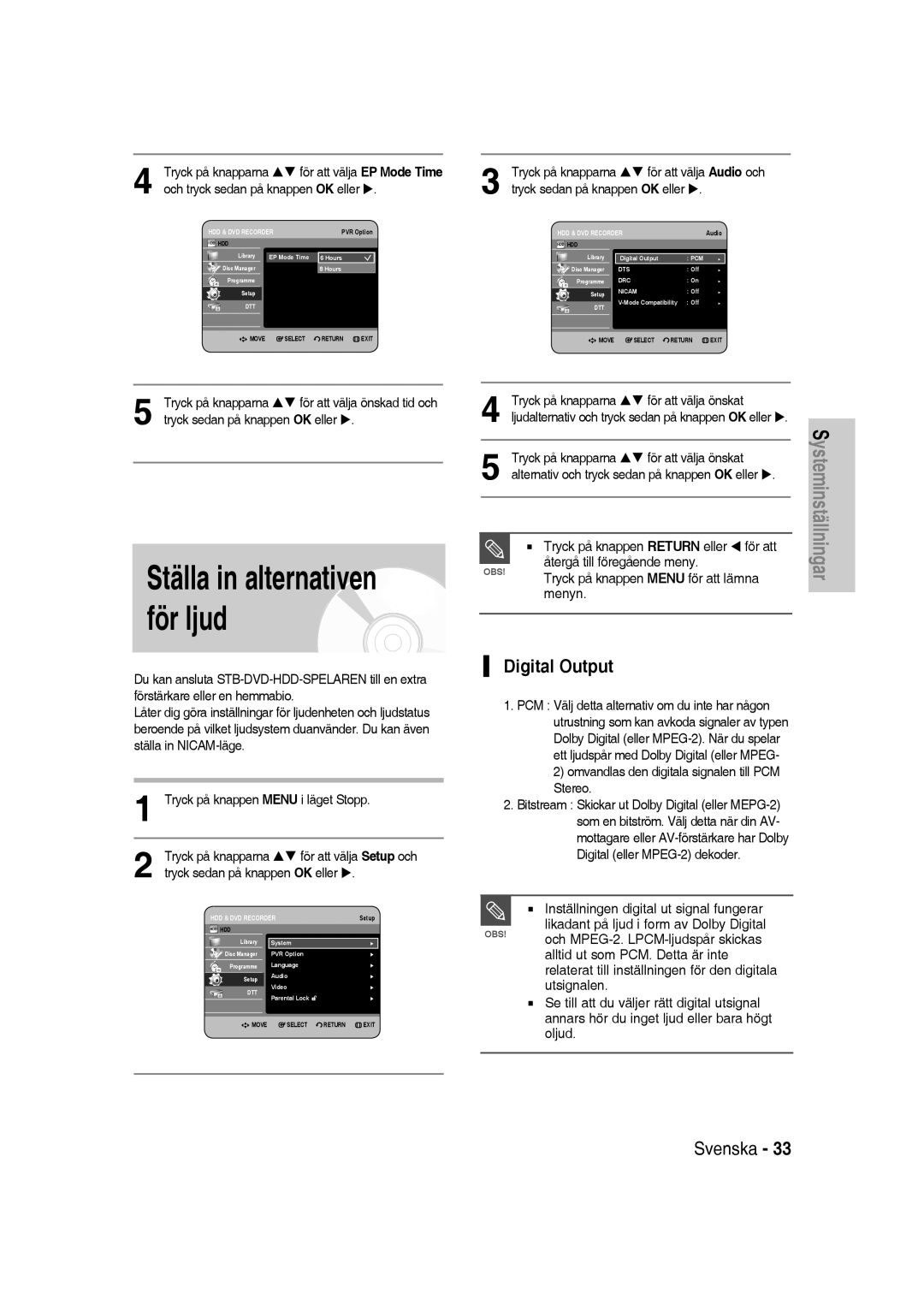 Samsung DVD-SH830/XEE manual Ställa in alternativen för ljud, Digital Output 