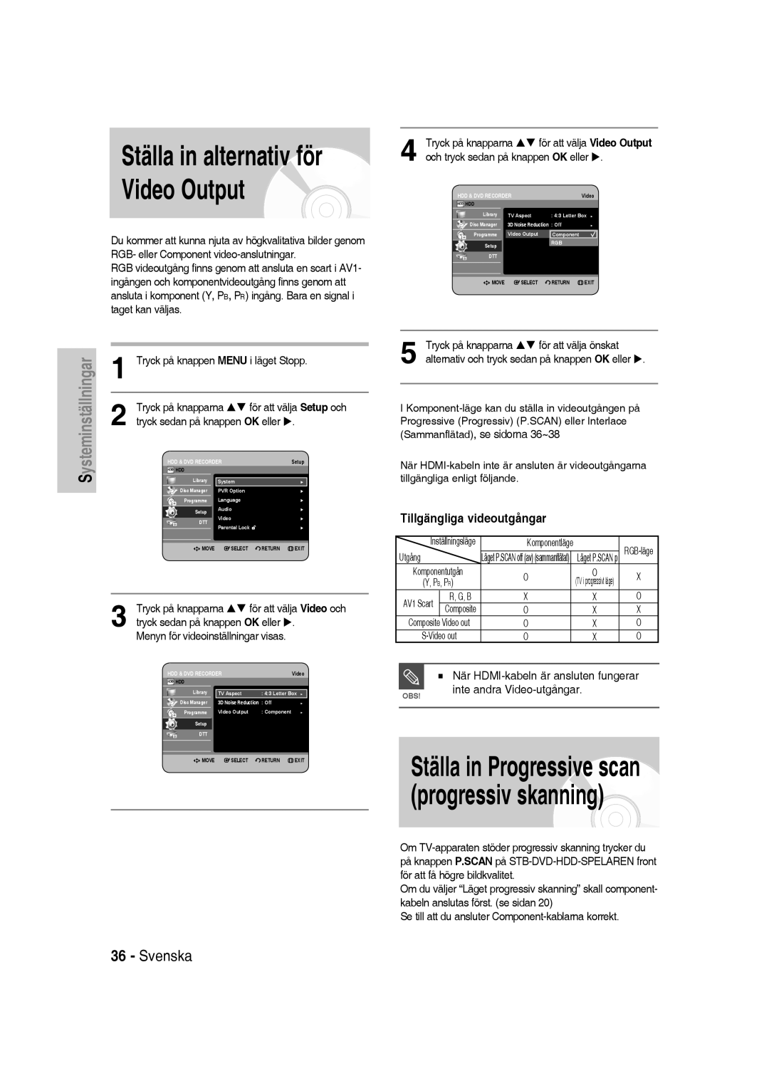 Samsung DVD-SH830/XEE manual Video Output, Ställa in alternativ för, Tillgängliga videoutgångar, För att välja Video och 