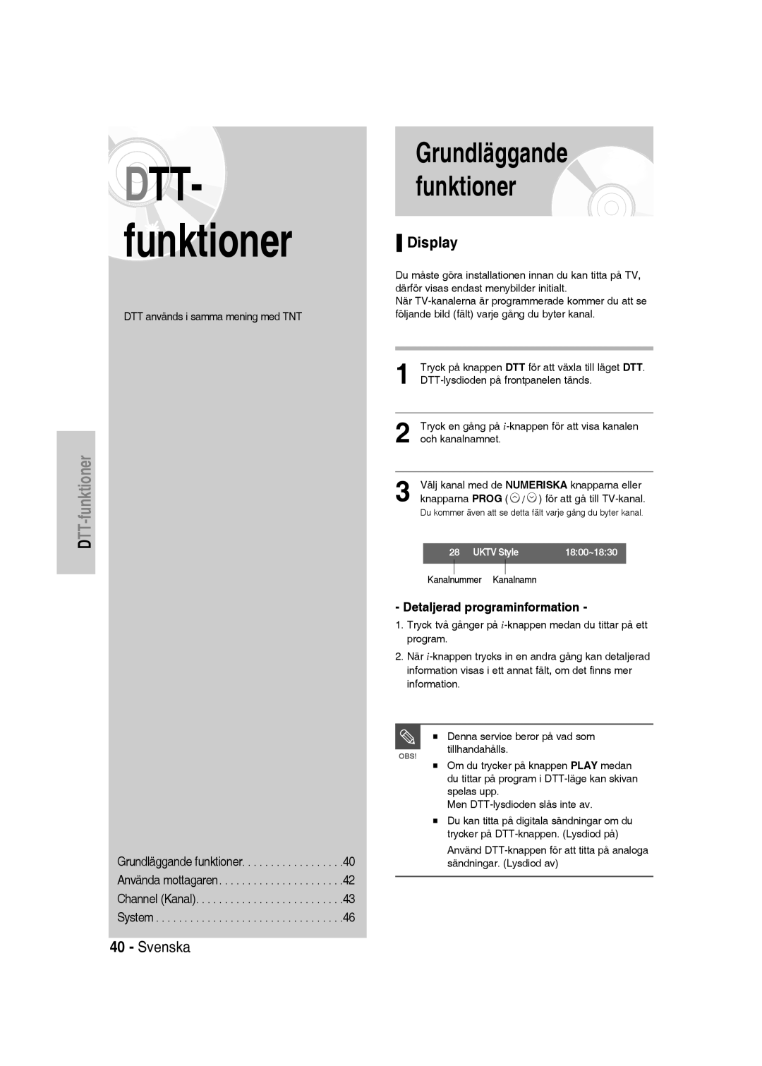 Samsung DVD-SH830/XEE Grundläggande funktioner, Display, Detaljerad programinformation, DTT används i samma mening med TNT 