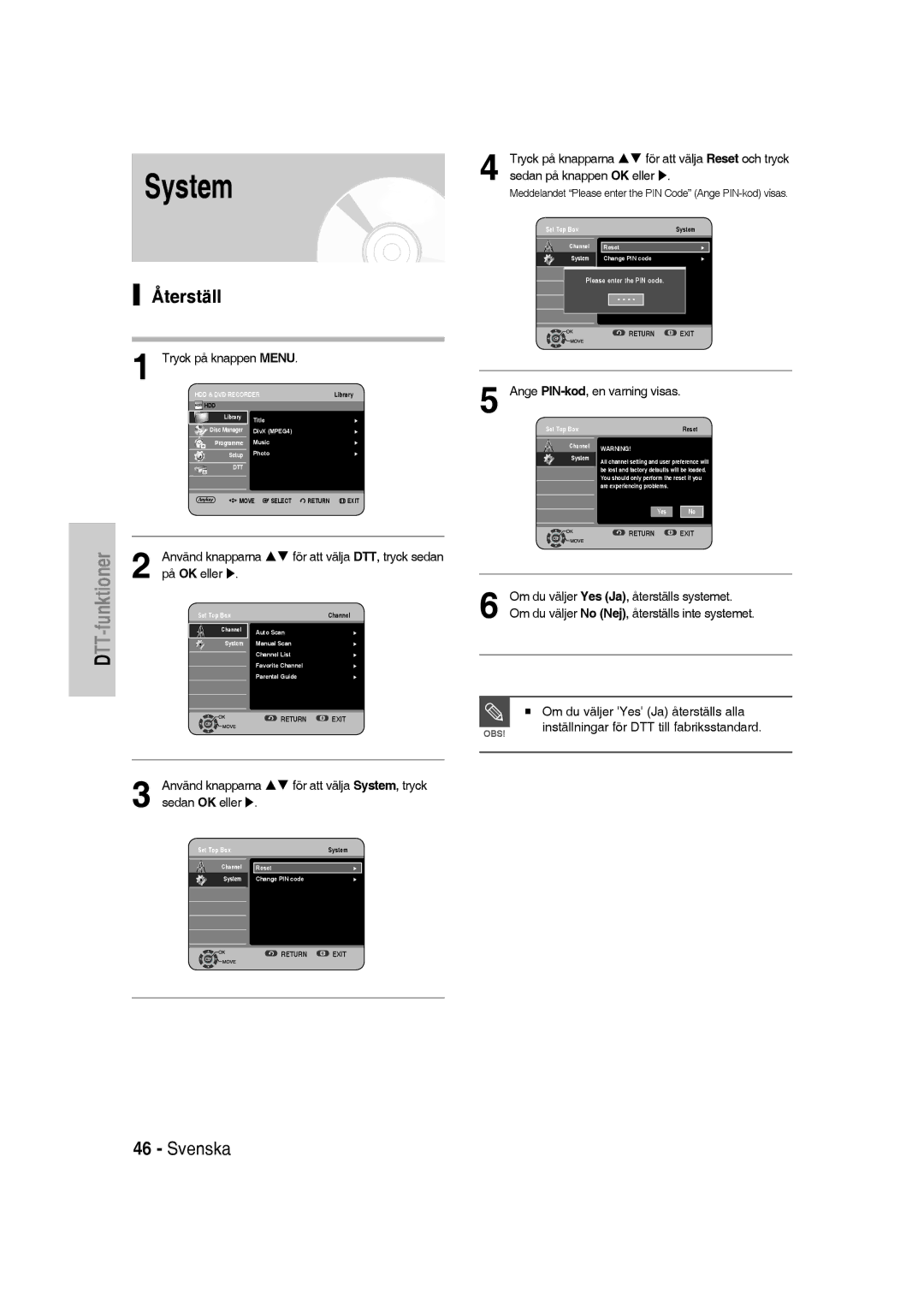 Samsung DVD-SH830/XEE manual System, Återställ, På OK eller 