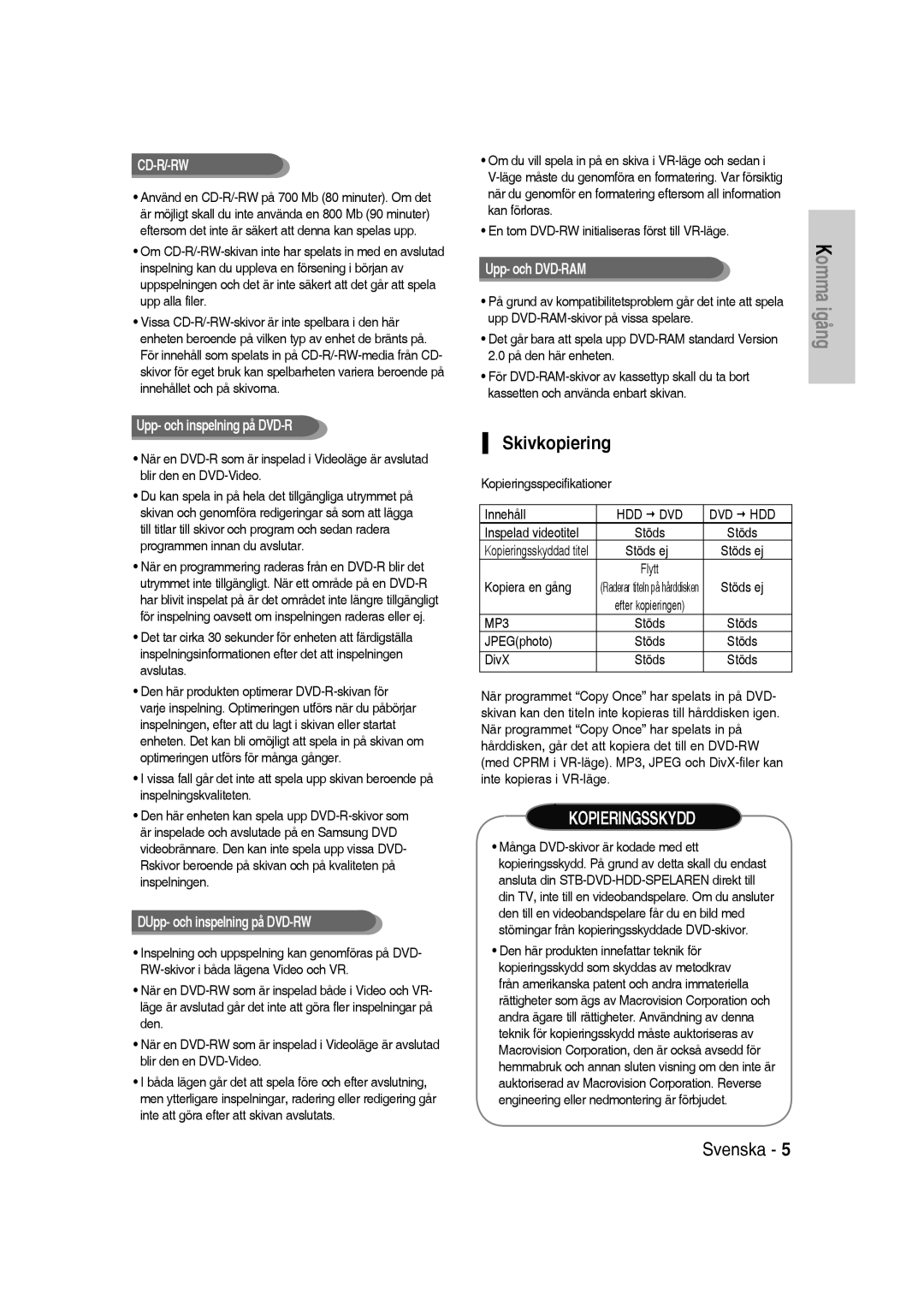 Samsung DVD-SH830/XEE manual Skivkopiering 