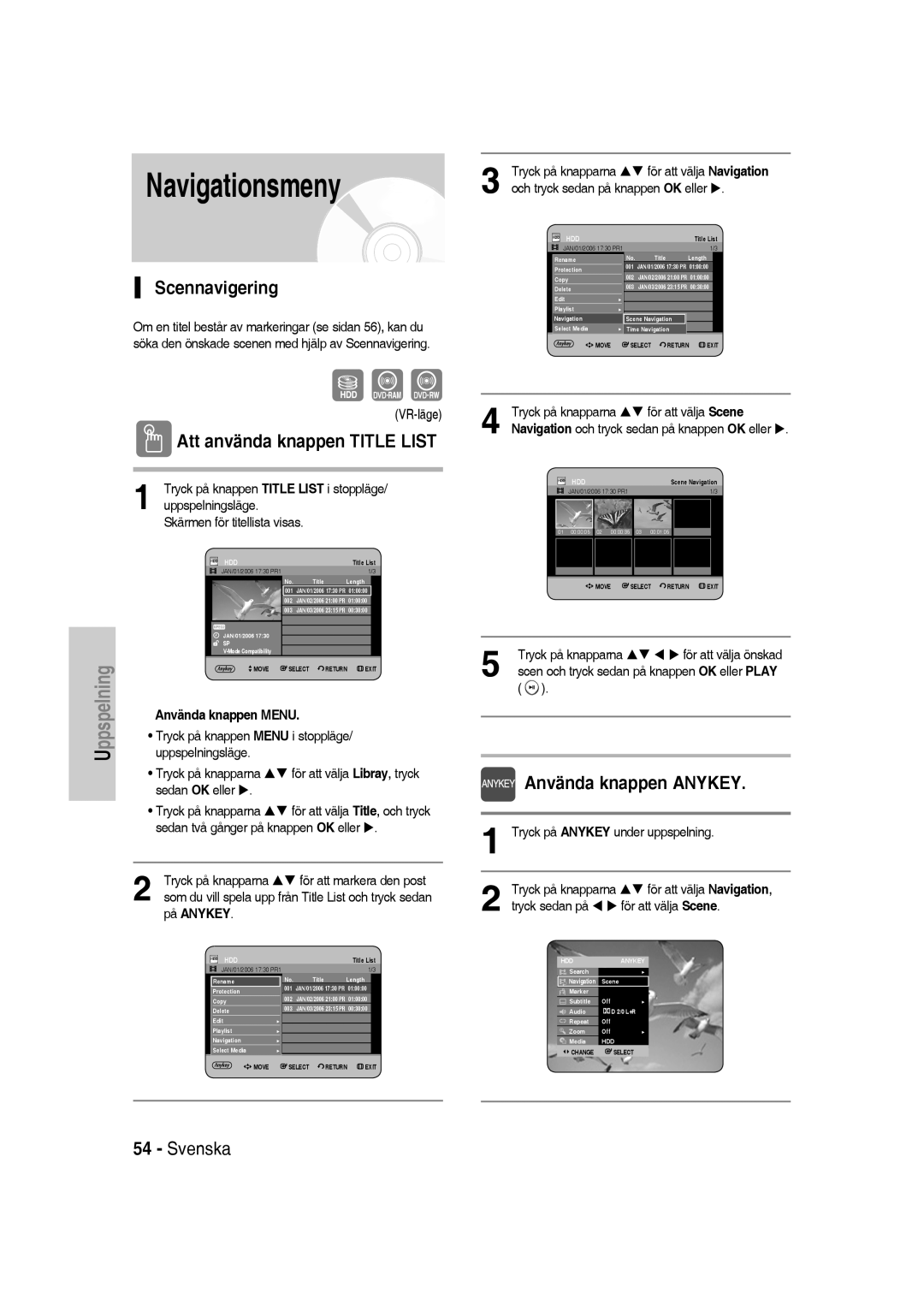 Samsung DVD-SH830/XEE manual Navigationsmeny, Scennavigering, Använda knappen Anykey 