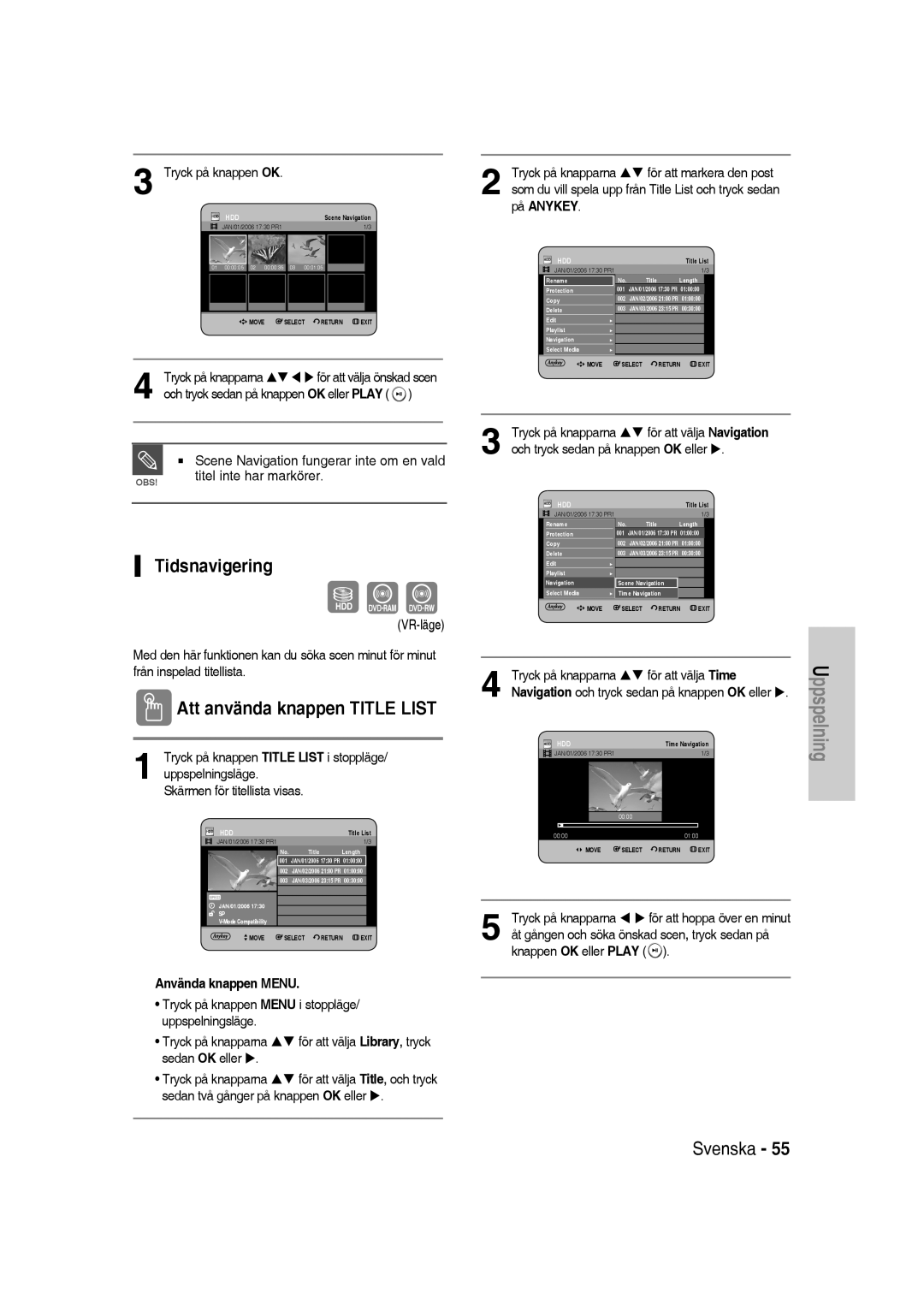 Samsung DVD-SH830/XEE manual Tidsnavigering, För att markera den post, För att välja Time 