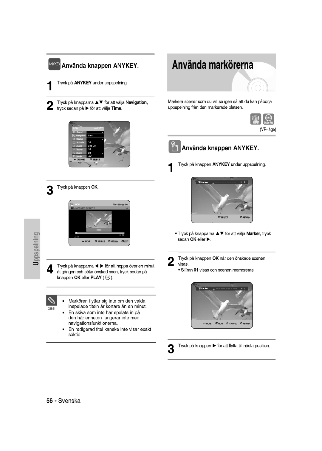 Samsung DVD-SH830/XEE manual Använda markörerna, Visas 