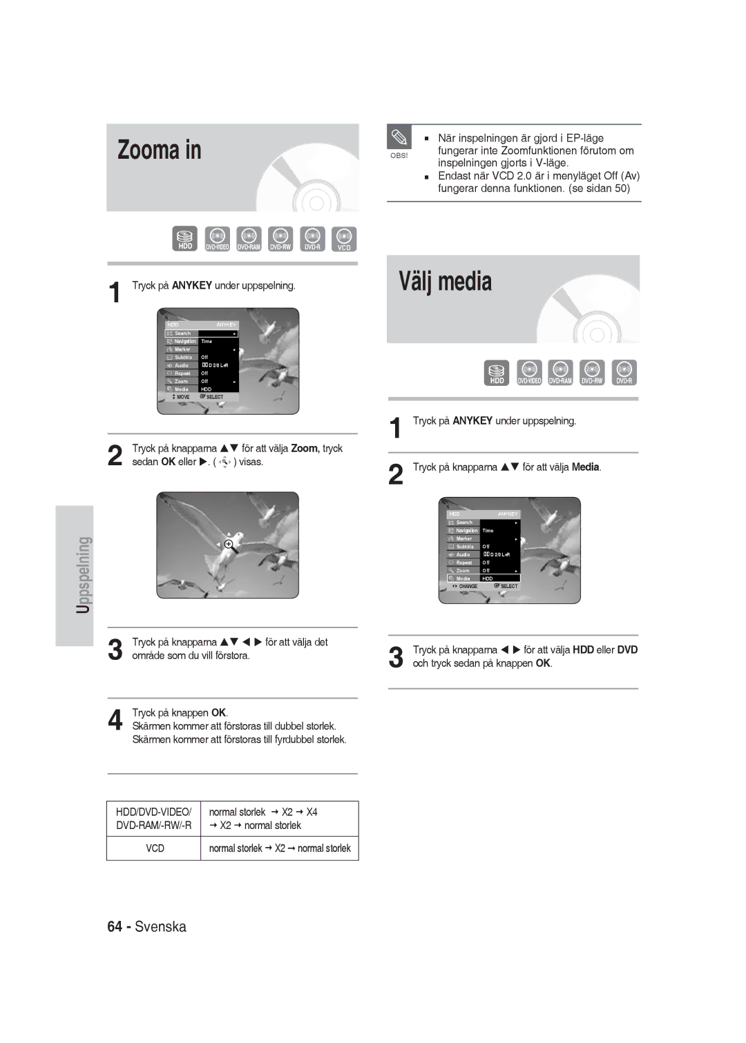 Samsung DVD-SH830/XEE manual Zooma, Välj media, Sedan OK eller Visas, Normal storlek 