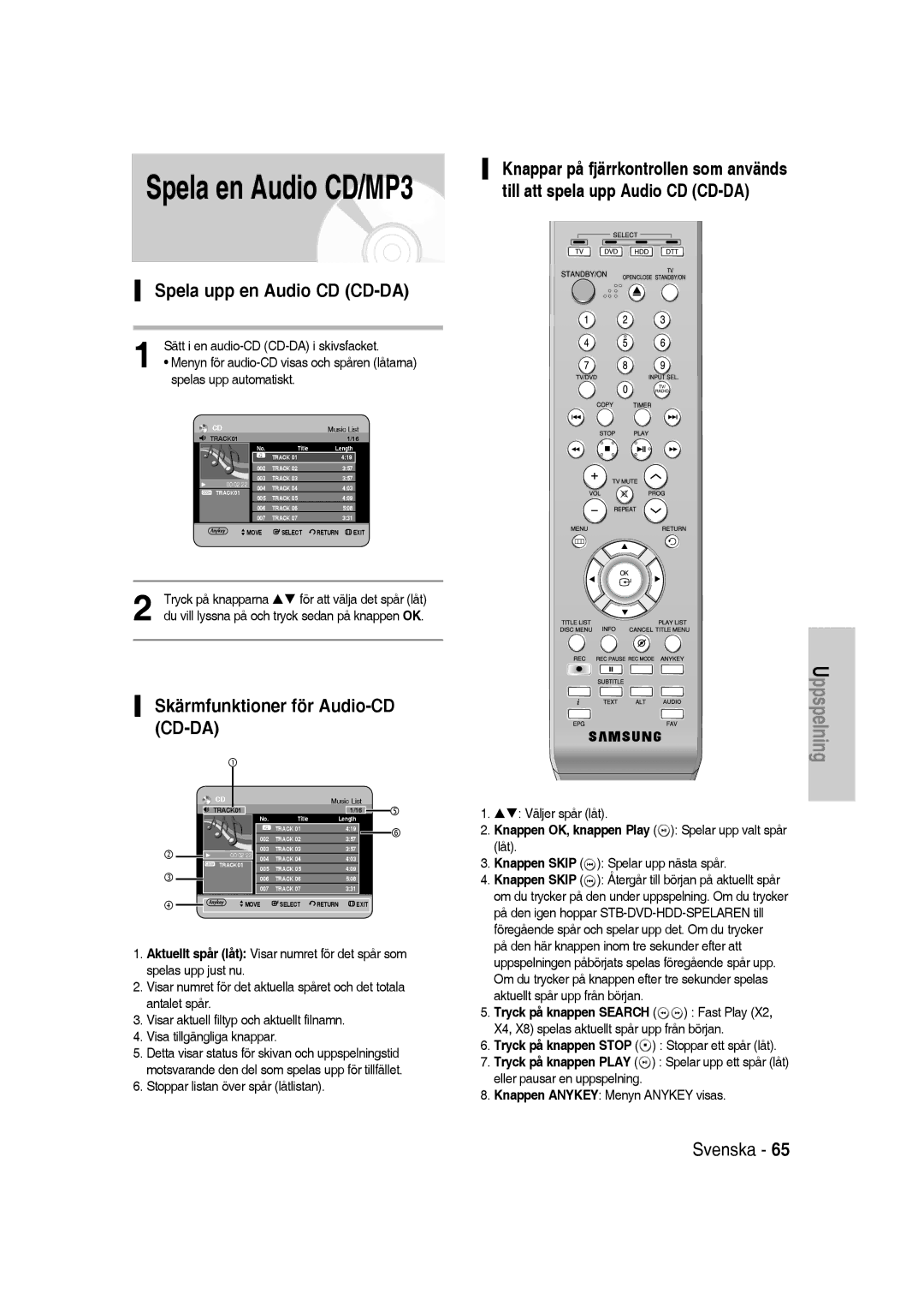 Samsung DVD-SH830/XEE manual Spela upp en Audio CD CD-DA, Skärmfunktioner för Audio-CD CD-DA, Spelas upp automatiskt 