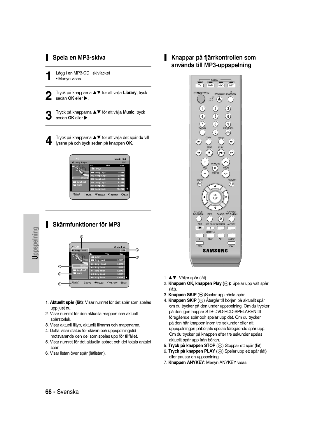 Samsung DVD-SH830/XEE manual Menyn visas, För att välja Library, tryck, För att välja Music, tryck 