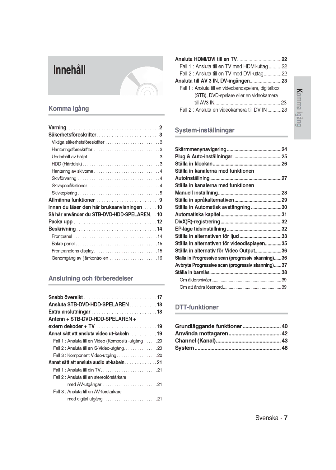 Samsung DVD-SH830/XEE manual Innehåll, Antenn + STB-DVD-HDD-SPELAREN +, Ställa in kanalerna med funktionen 