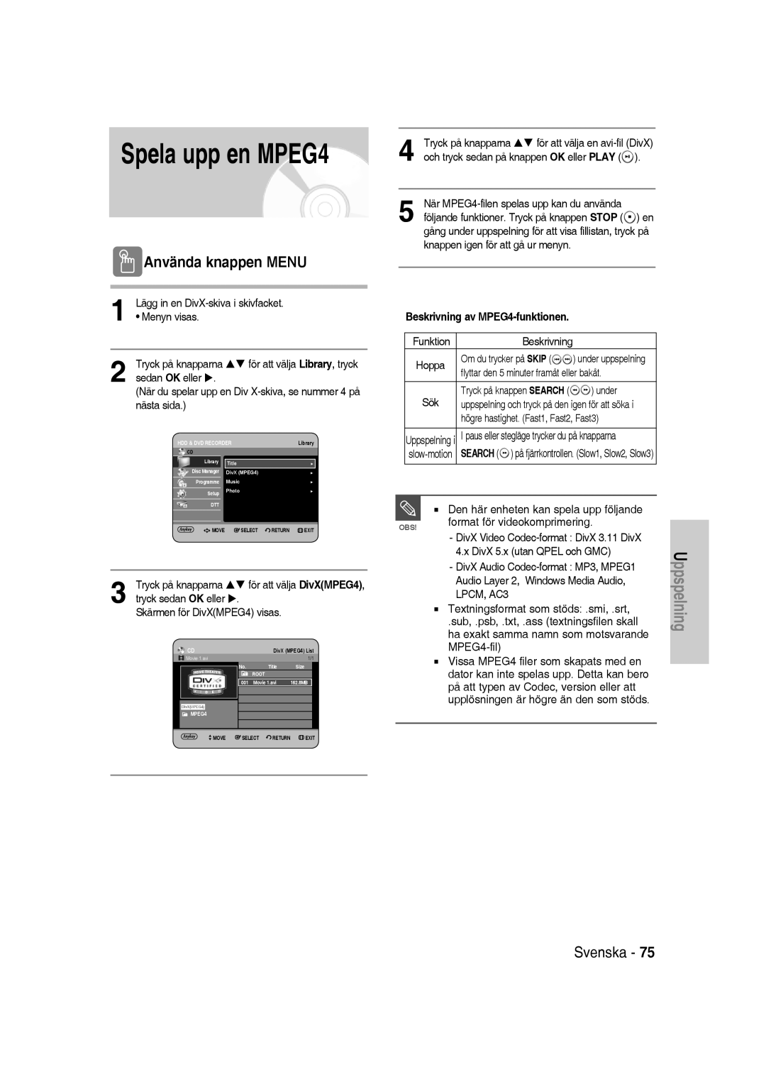 Samsung DVD-SH830/XEE manual Använda knappen Menu, Beskrivning av MPEG4-funktionen 