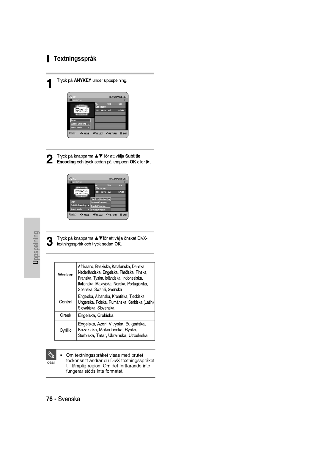 Samsung DVD-SH830/XEE manual Textningsspråk 