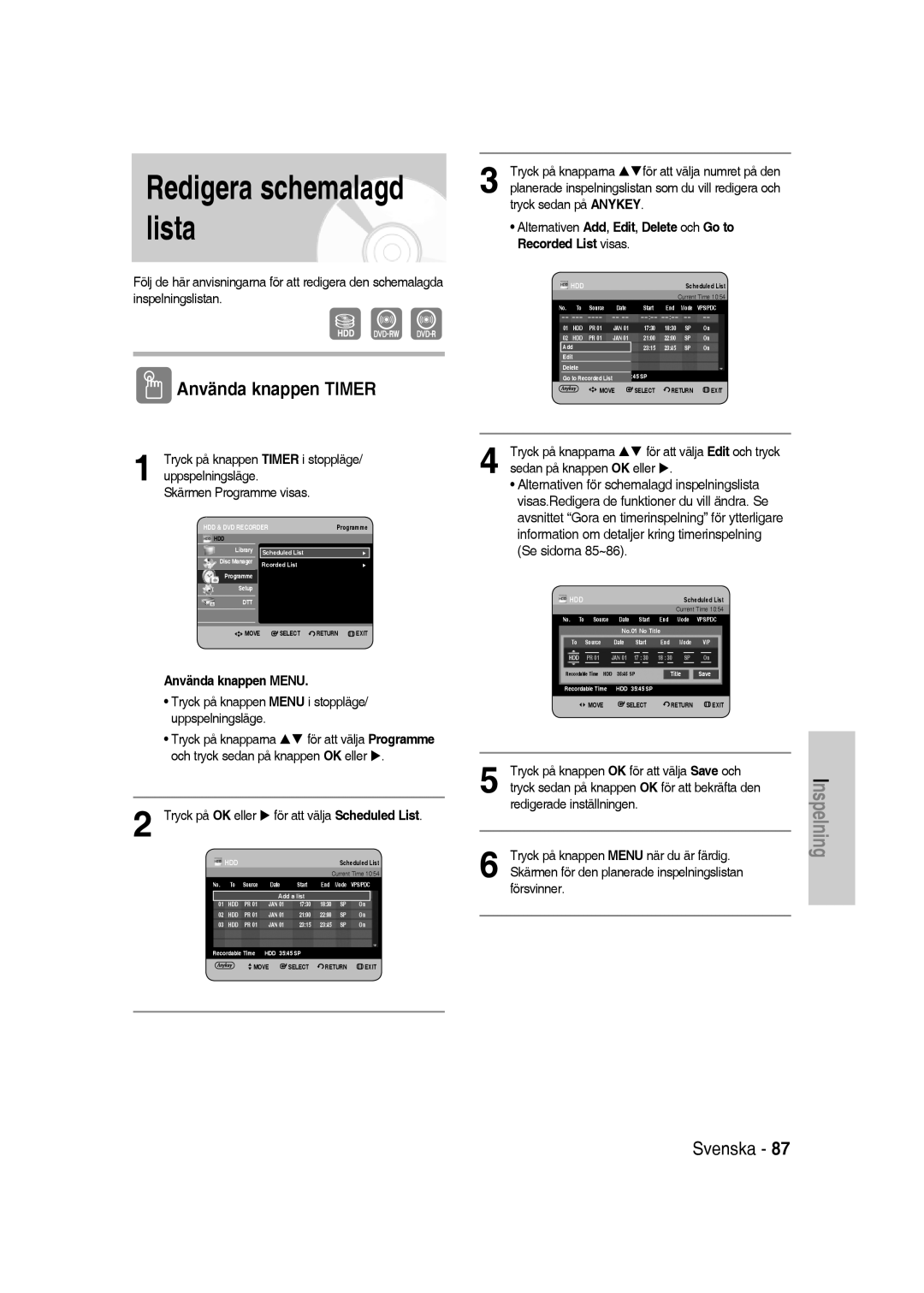 Samsung DVD-SH830/XEE manual Redigera schemalagd lista 