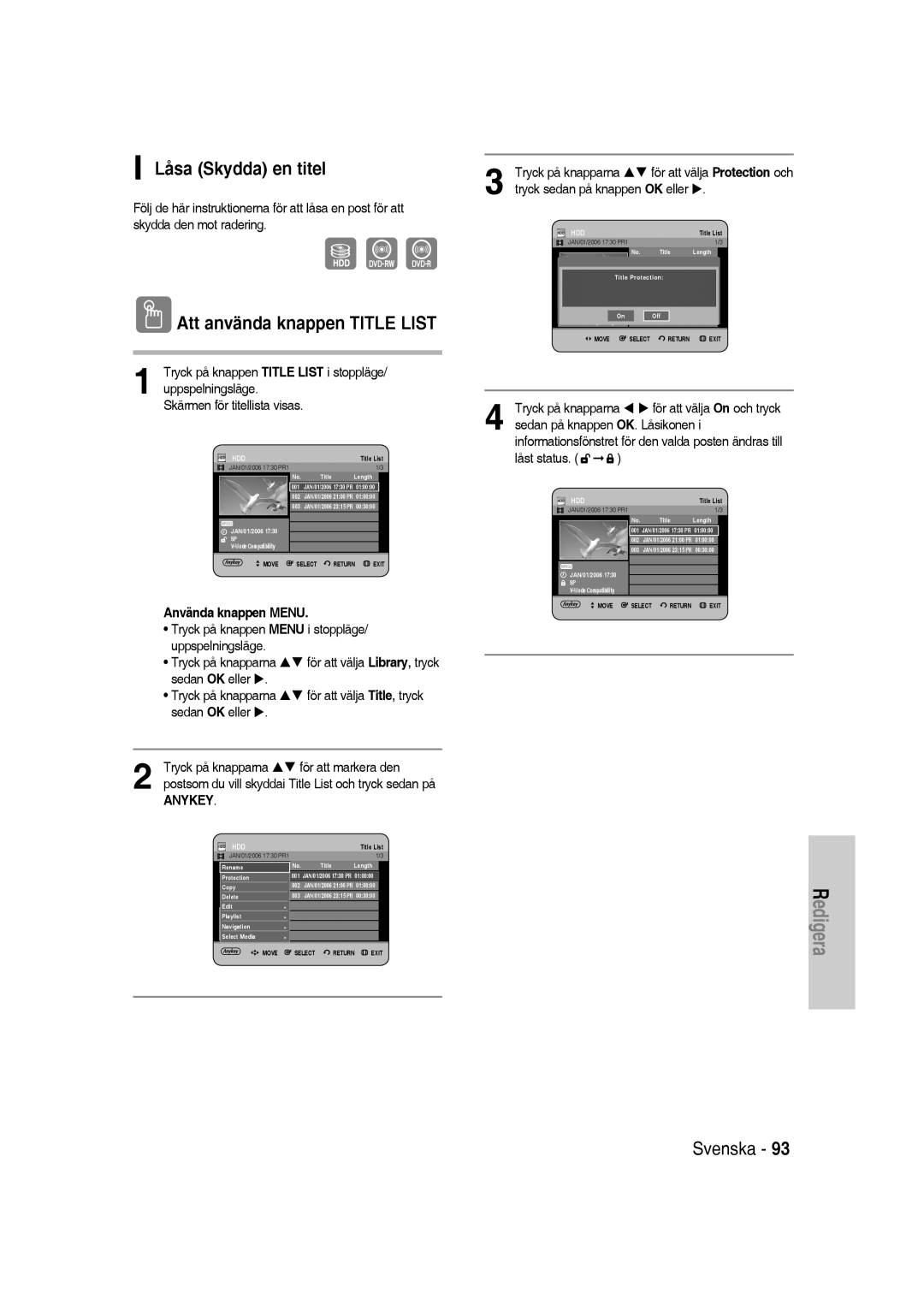 Samsung DVD-SH830/XEE manual Låsa Skydda en titel, Sedan på knappen OK. Låsikonen, Låst status 