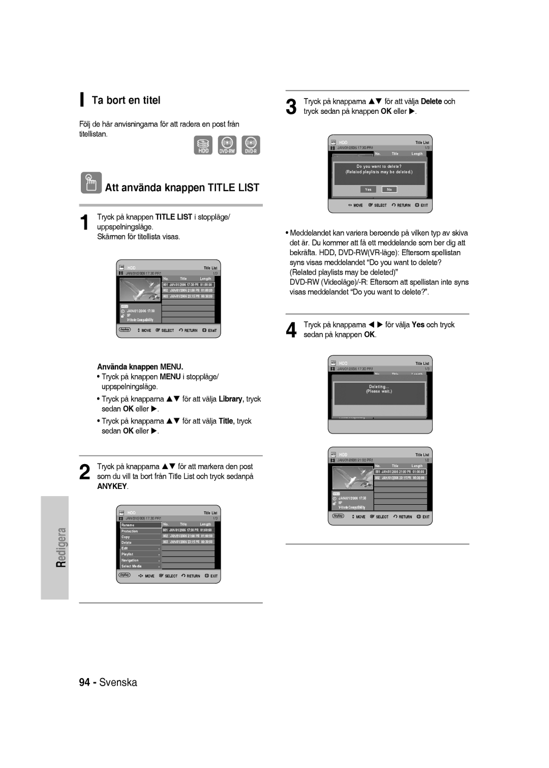 Samsung DVD-SH830/XEE manual Ta bort en titel 