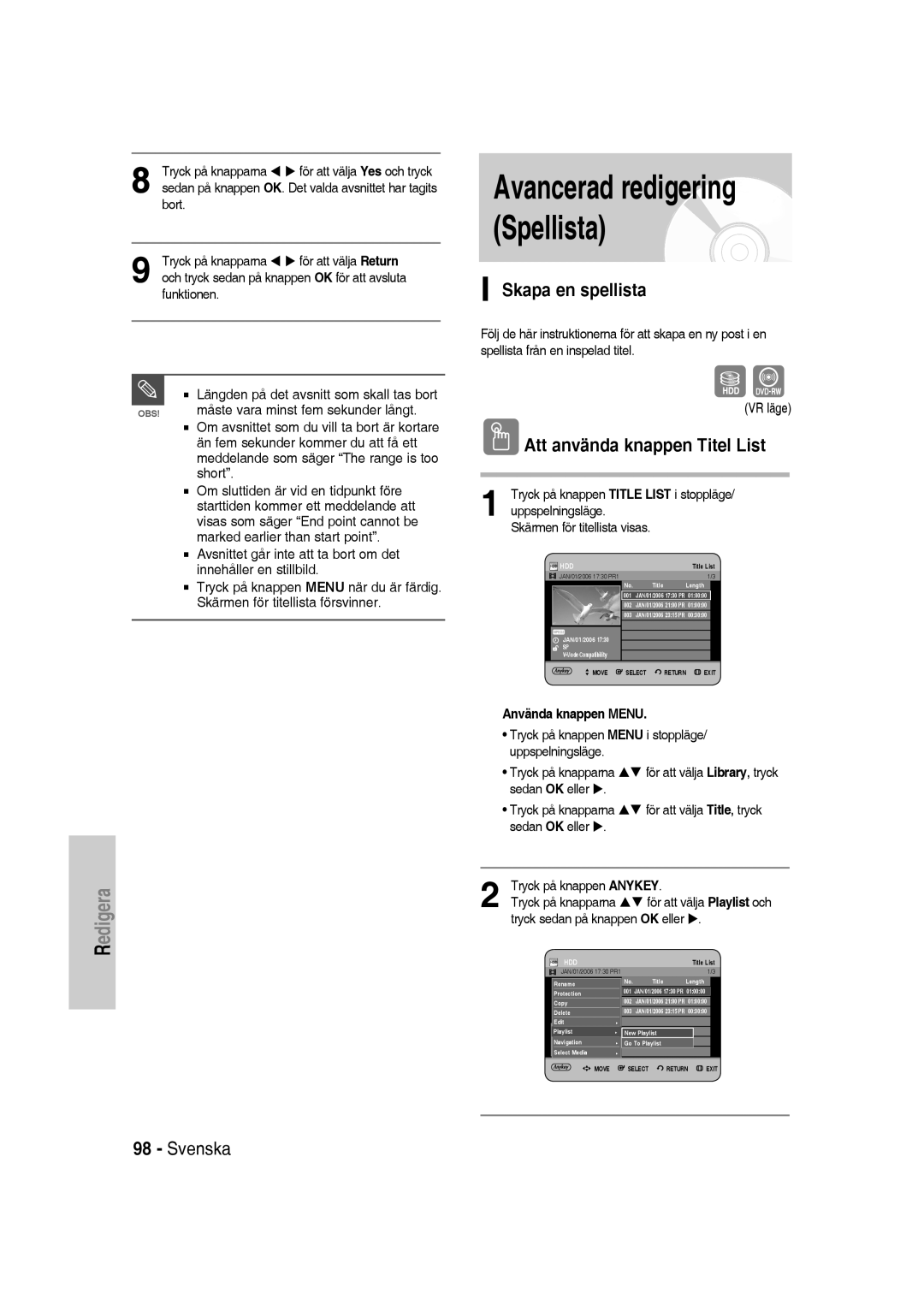 Samsung DVD-SH830/XEE manual Avancerad redigering Spellista, Skapa en spellista, Att använda knappen Titel List 