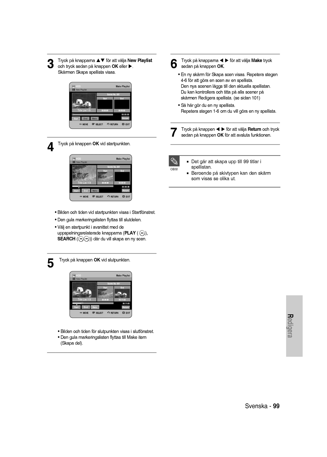 Samsung DVD-SH830/XEE manual Tryck på knappen OK vid startpunkten, Skärmen Skapa spellista visas 