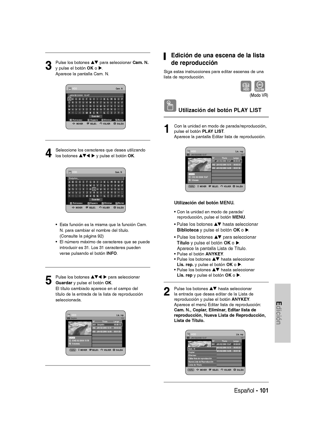 Samsung DVD-SH830/XEE Edición de una escena de la lista de reproducción, Seleccione los caracteres que desea utilizando 