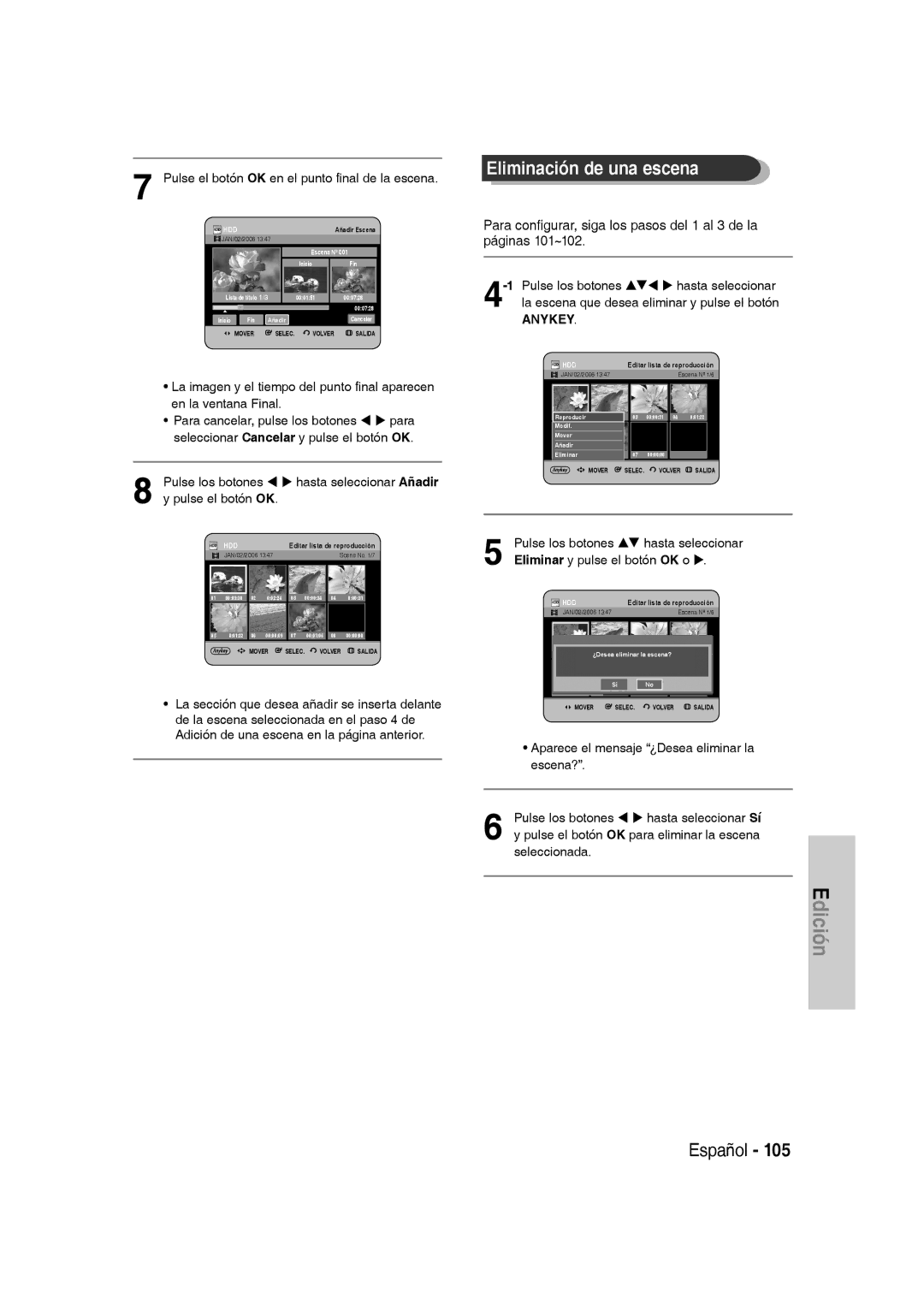 Samsung DVD-SH830/XEF, DVD-SH830/XEC, DVD-SH830/XEE manual Eliminación de una escena 