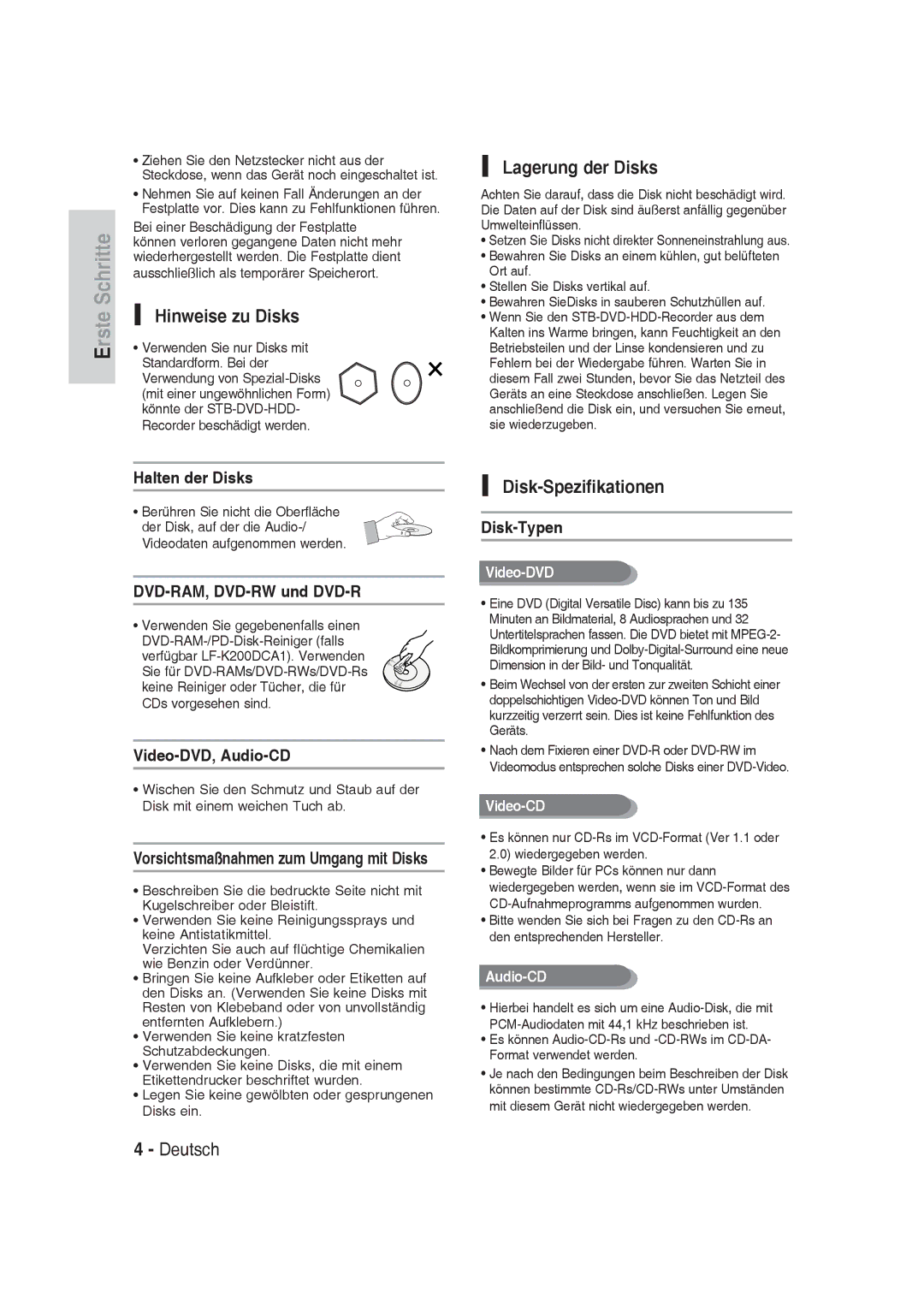 Samsung DVD-SH830/XEF, DVD-SH830/XEC, DVD-SH830/XEE manual Hinweise zu Disks, Lagerung der Disks, Disk-Spezifikationen 