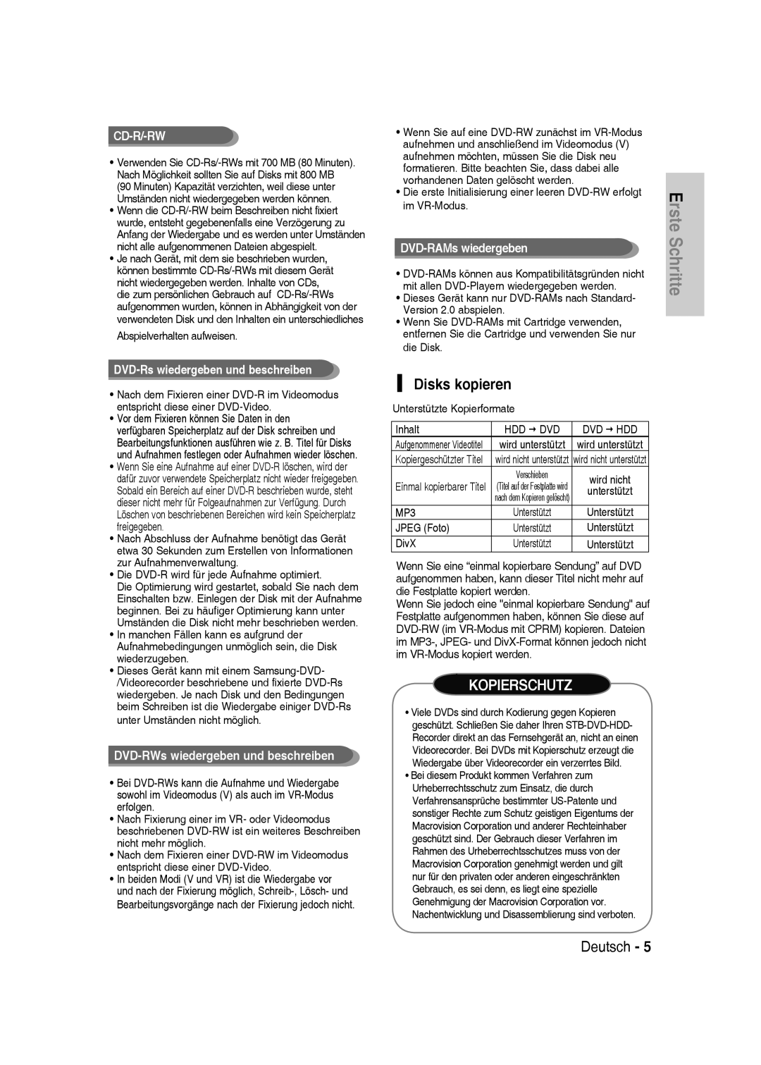 Samsung DVD-SH830/XEC, DVD-SH830/XEF, DVD-SH830/XEE manual Disks kopieren, Unterstützte Kopierformate Inhalt 