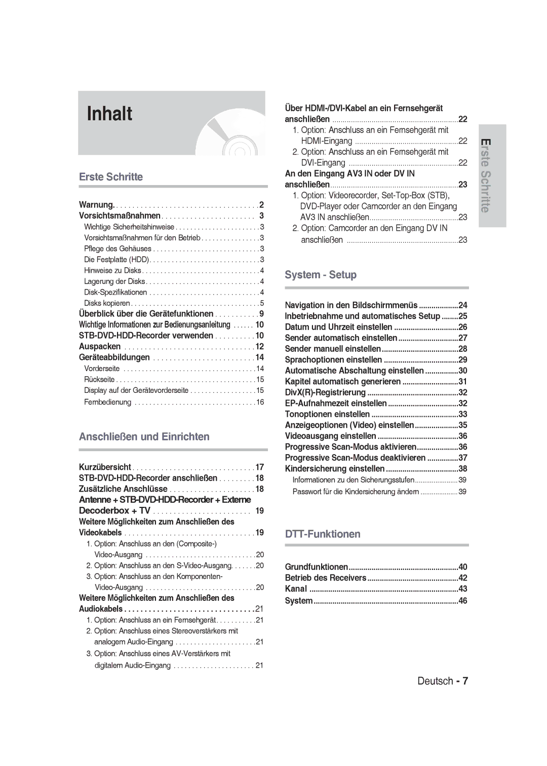 Samsung DVD-SH830/XEF, DVD-SH830/XEC, DVD-SH830/XEE manual Inhalt, An den Eingang AV3 in oder DV 