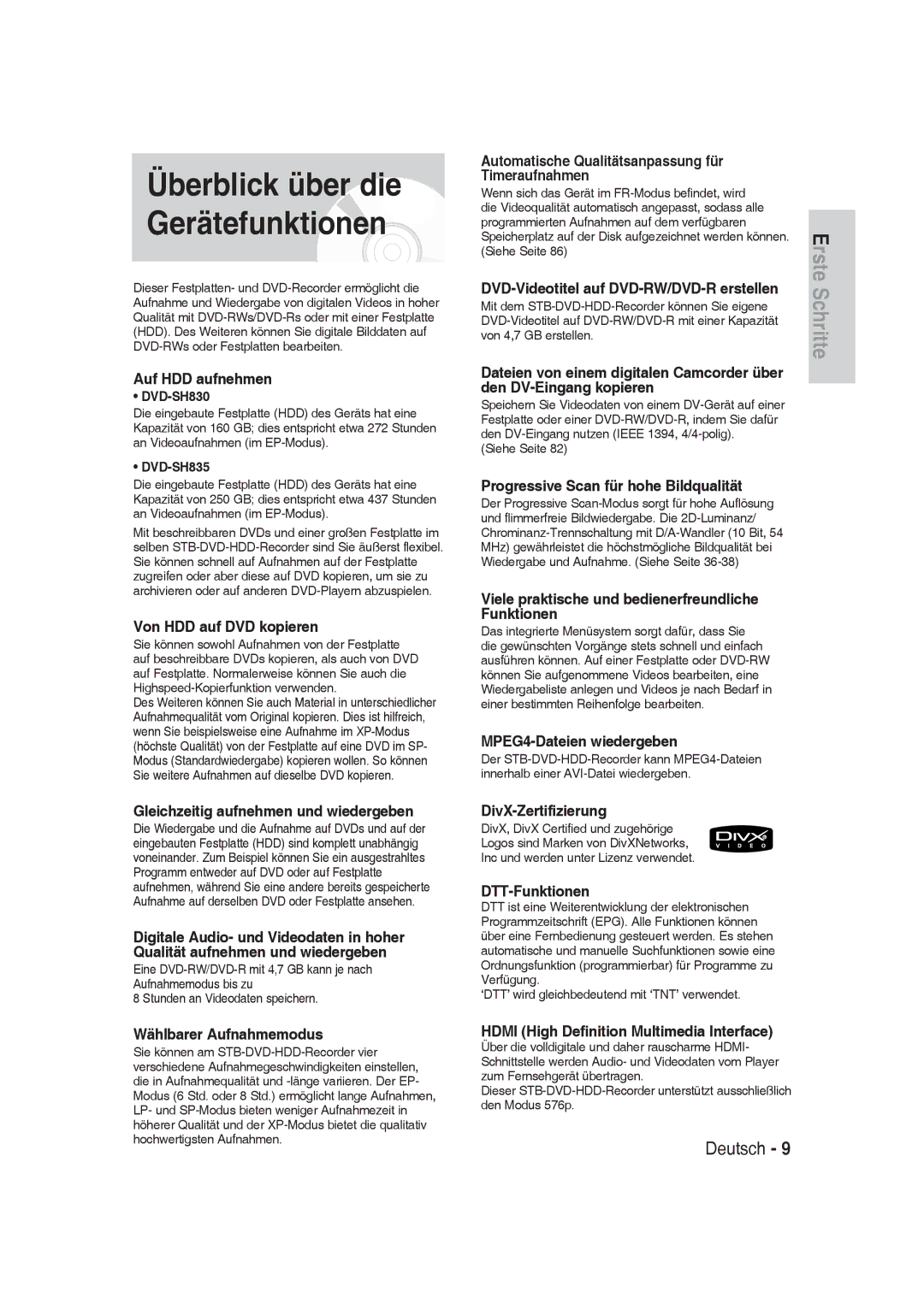 Samsung DVD-SH830/XEE, DVD-SH830/XEF, DVD-SH830/XEC manual Überblick über die Gerätefunktionen 