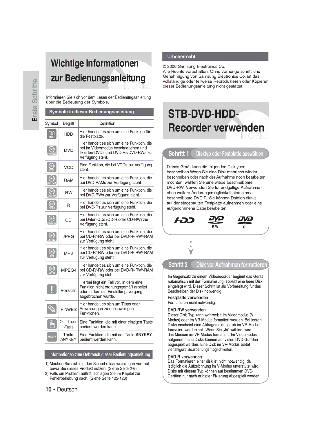 Samsung DVD-SH830/XEF manual STB-DVD-HDD- Recorder verwenden, Festplatte verwenden, DVD-RW verwenden, DVD-R verwenden 