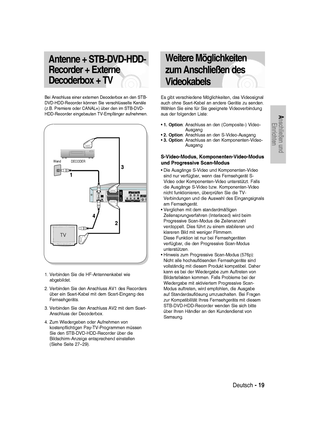 Samsung DVD-SH830/XEF, DVD-SH830/XEC Zum Anschließen des, Und Progressive Scan-Modus, Video-Modus, Komponenten-Video-Modus 