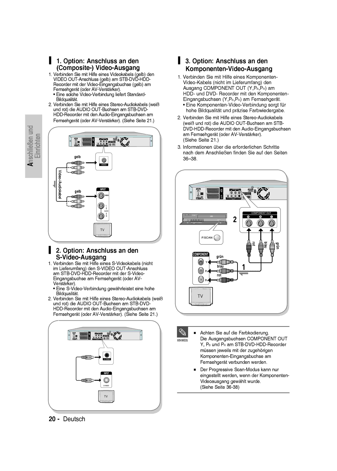 Samsung DVD-SH830/XEC manual Option Anschluss an den S-Video-Ausgang, Option Anschluss an den Composite- Video-Ausgang 