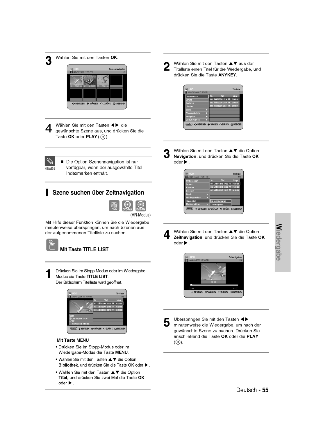 Samsung DVD-SH830/XEF Szene suchen über Zeitnavigation, Die Option Szenennavigation ist nur, Wählen Sie mit den Tasten OK 