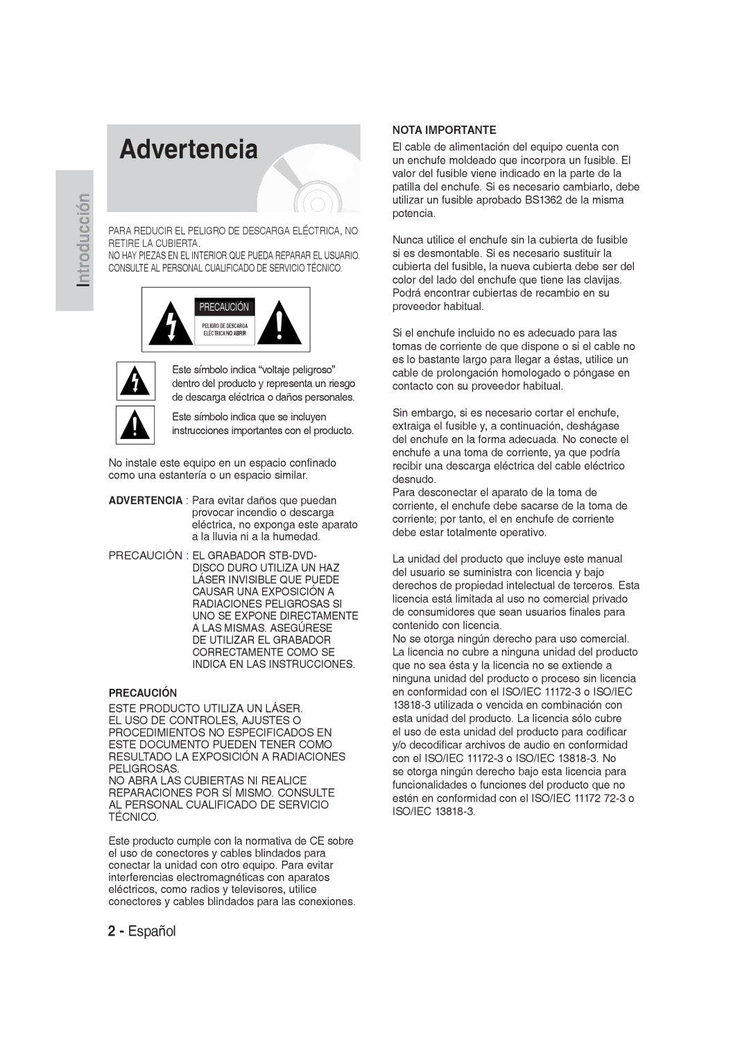 Samsung DVD-SH830/XEE, DVD-SH830/XEF, DVD-SH830/XEC manual Advertencia, Precaución 