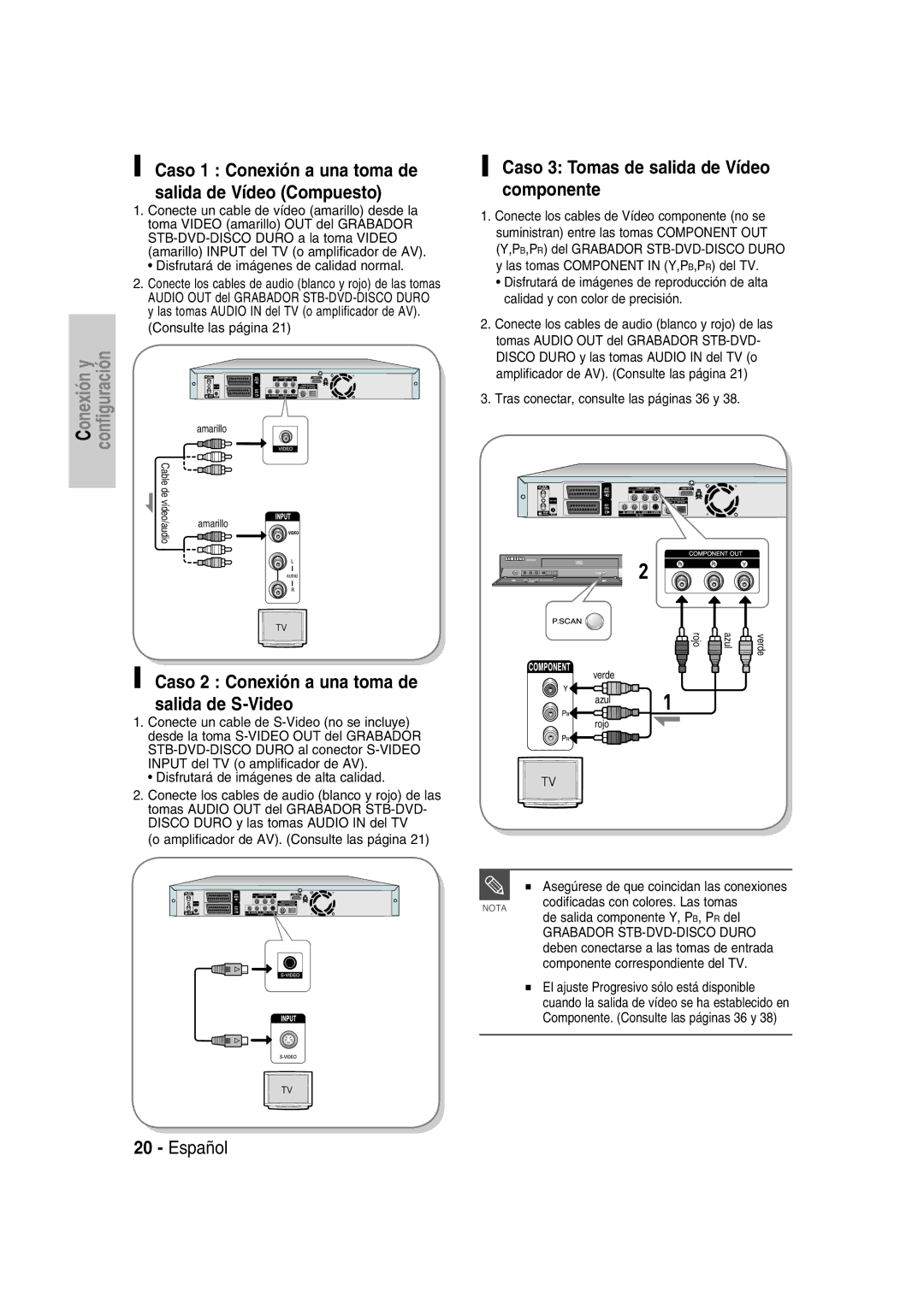 Samsung DVD-SH830/XEE manual Caso 2 Conexión a una toma de salida de S-Video, Caso 3 Tomas de salida de Vídeo componente 