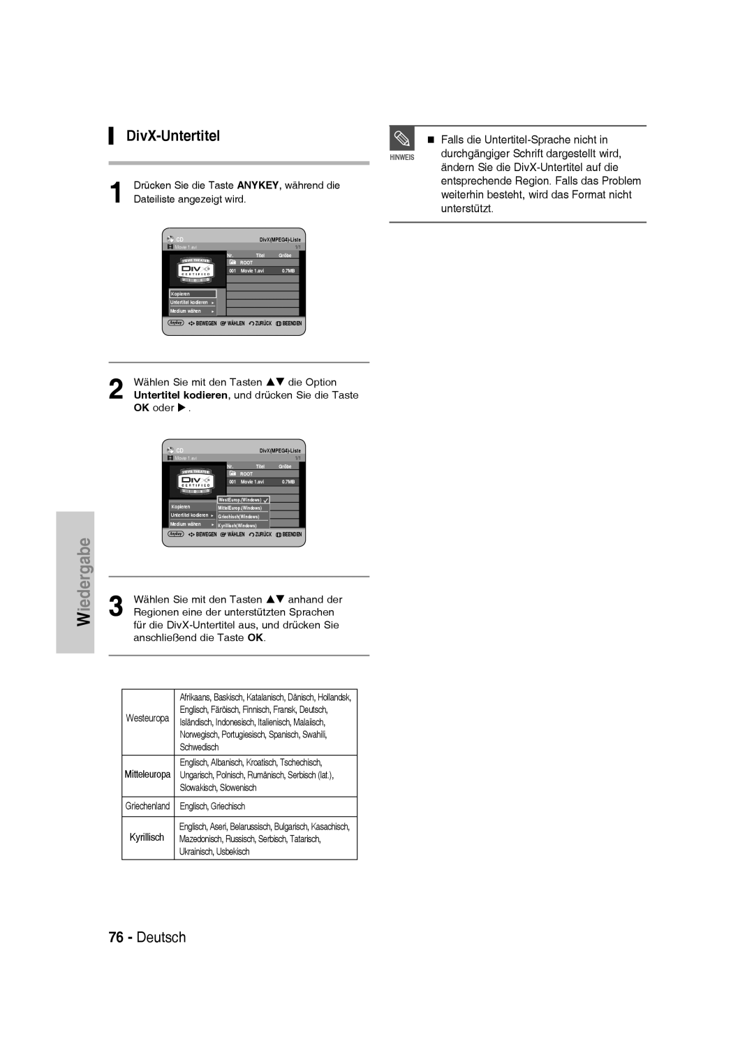 Samsung DVD-SH830/XEF, DVD-SH830/XEC, DVD-SH830/XEE manual DivX-Untertitel 