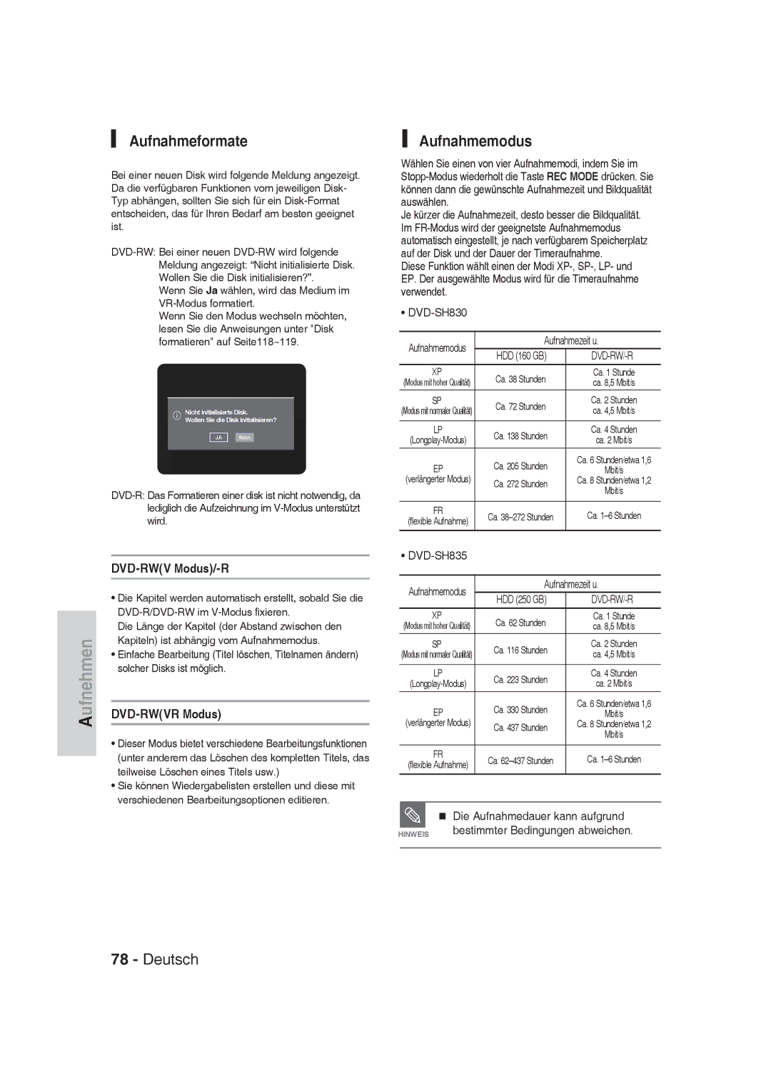 Samsung DVD-SH830/XEE, DVD-SH830/XEF, DVD-SH830/XEC manual Aufnahmeformate, Aufnahmemodus, DVD-RWV Modus/-R, DVD-RWVR Modus 