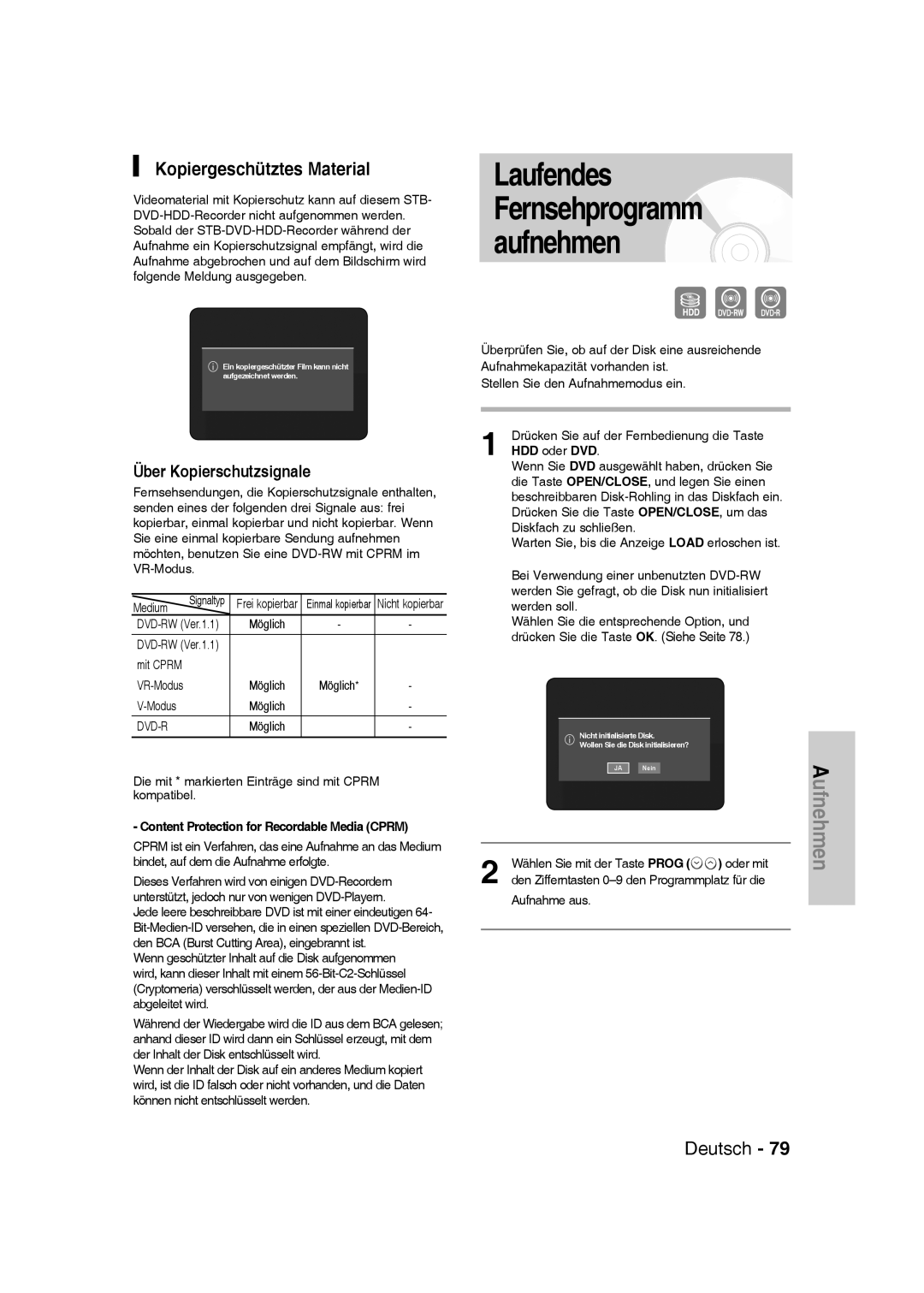 Samsung DVD-SH830/XEF Kopiergeschütztes Material, Über Kopierschutzsignale, Content Protection for Recordable Media Cprm 