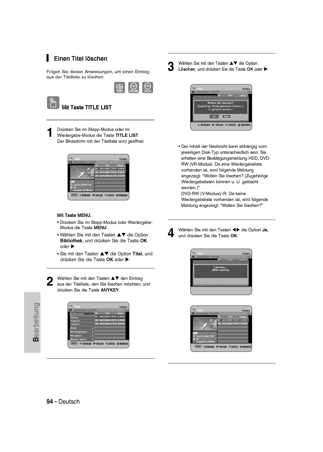 Samsung DVD-SH830/XEF, DVD-SH830/XEC, DVD-SH830/XEE manual Einen Titel löschen, Earbeitung 