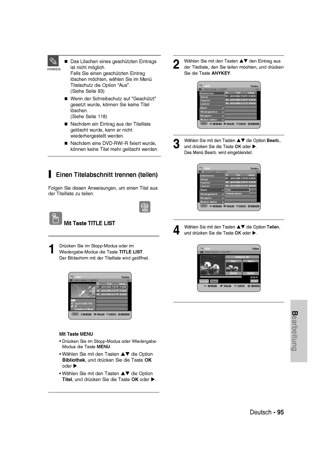 Samsung DVD-SH830/XEC, DVD-SH830/XEF Einen Titelabschnitt trennen teilen, Wählen Sie mit den Tasten ST den Eintrag aus 