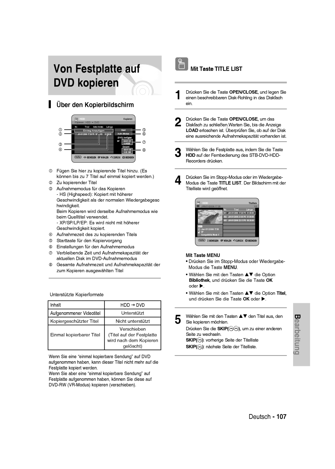 Samsung DVD-SH830/XEC, DVD-SH830/XEF, DVD-SH830/XEE manual Von Festplatte auf DVD kopieren, Über den Kopierbildschirm 