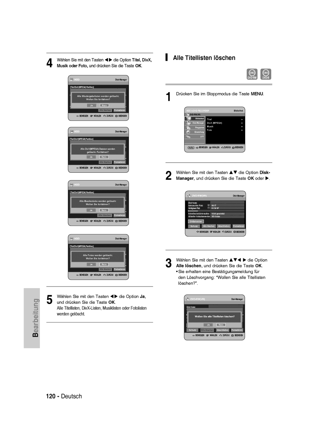 Samsung DVD-SH830/XEE, DVD-SH830/XEF, DVD-SH830/XEC manual Alle Titellisten löschen 