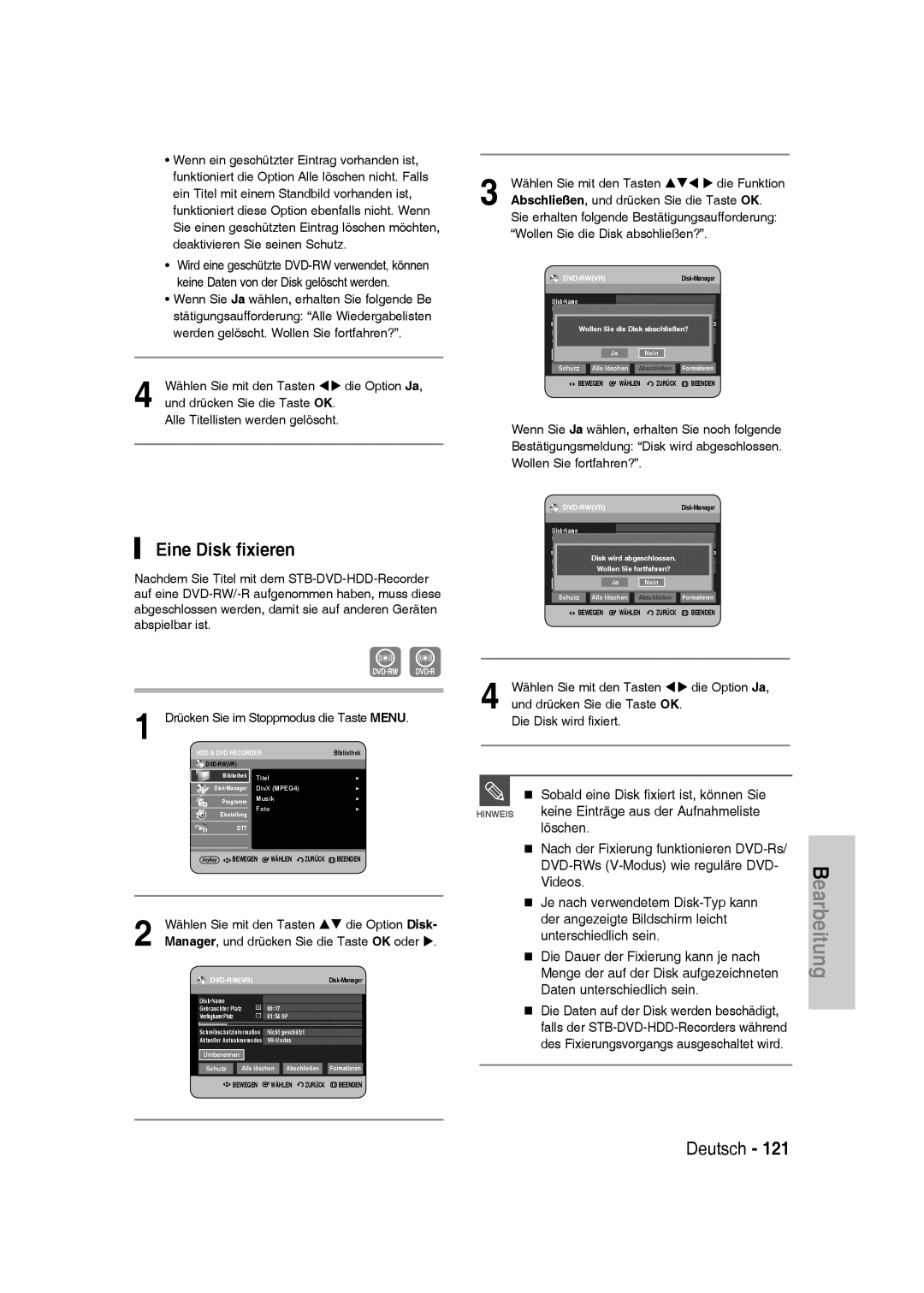 Samsung DVD-SH830/XEF, DVD-SH830/XEC, DVD-SH830/XEE manual Eine Disk fixieren, „ Sobald eine Disk fixiert ist, können Sie 