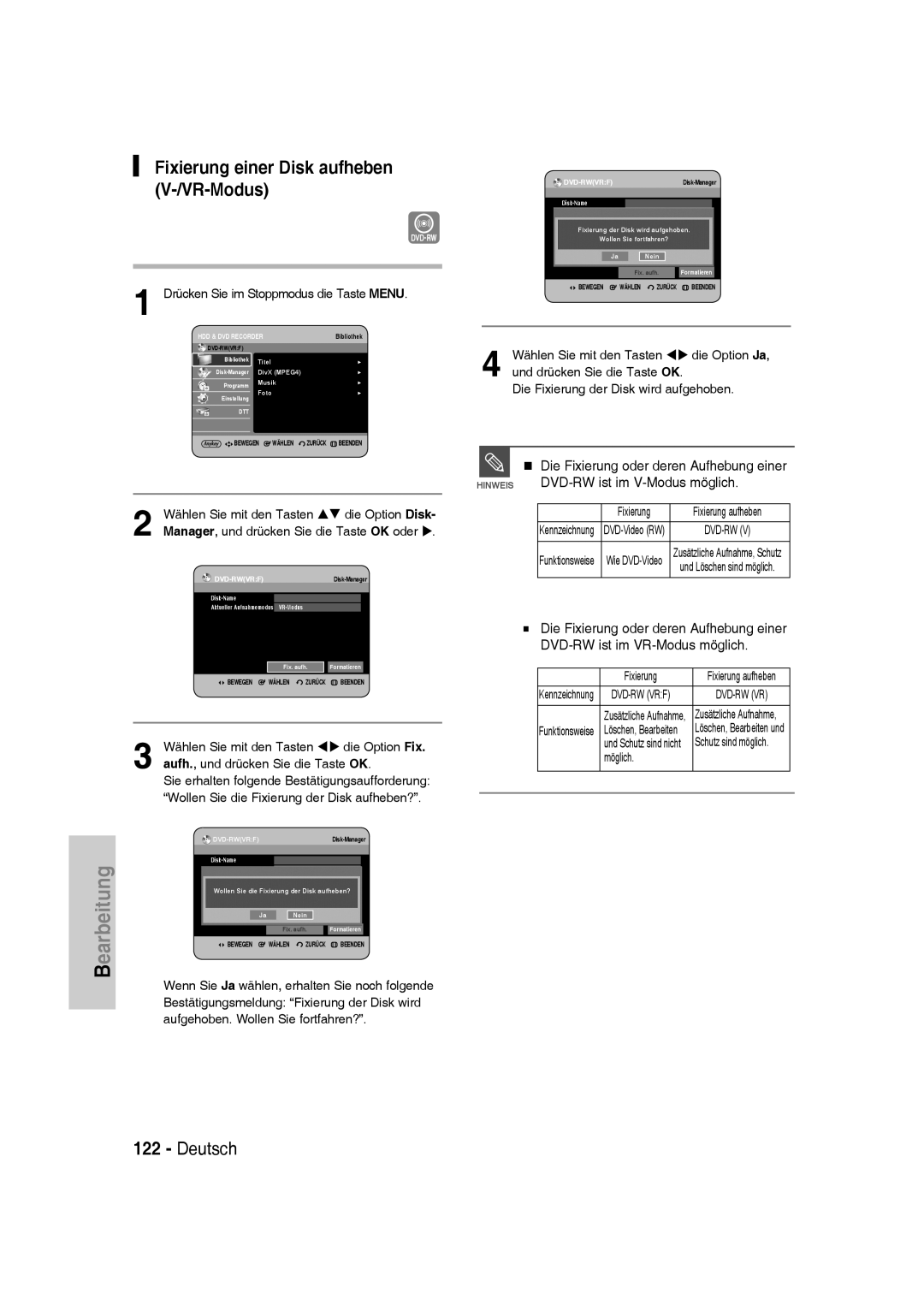 Samsung DVD-SH830/XEC, DVD-SH830/XEF, DVD-SH830/XEE manual Fixierung einer Disk aufheben V-/VR-Modus, Möglich 