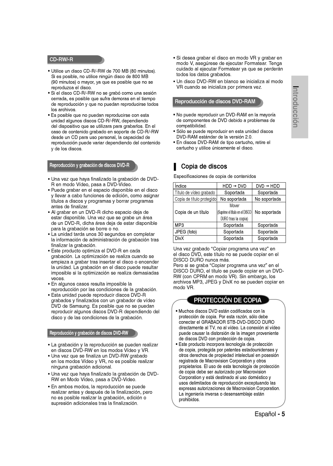 Samsung DVD-SH830/XEE Copia de discos, Especificaciones de copia de contenidos Índice, Copia de un título, Jpeg foto, DivX 