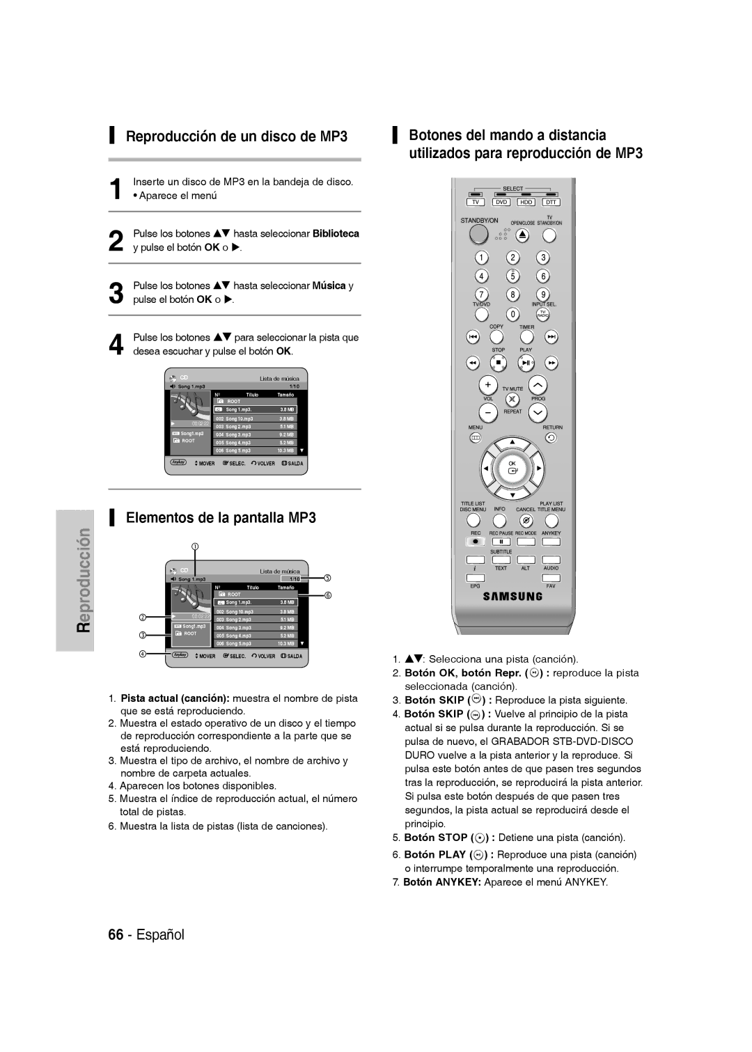 Samsung DVD-SH830/XEF, DVD-SH830/XEC, DVD-SH830/XEE manual Reproducción de un disco de MP3, Elementos de la pantalla MP3 