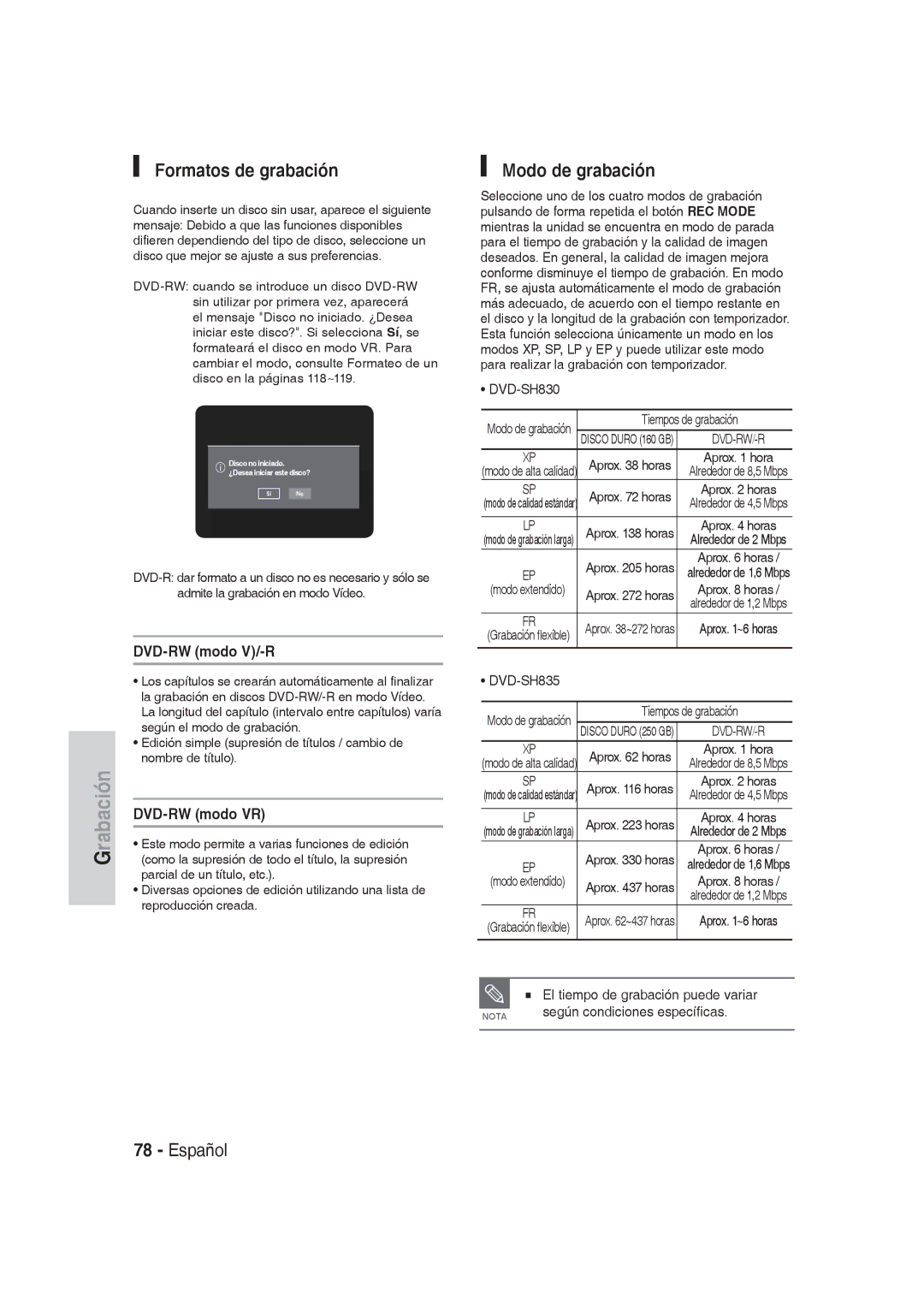 Samsung DVD-SH830/XEF, DVD-SH830/XEC manual Formatos de grabación, Modo de grabación, DVD-RW modo V/-R, DVD-RW modo VR 