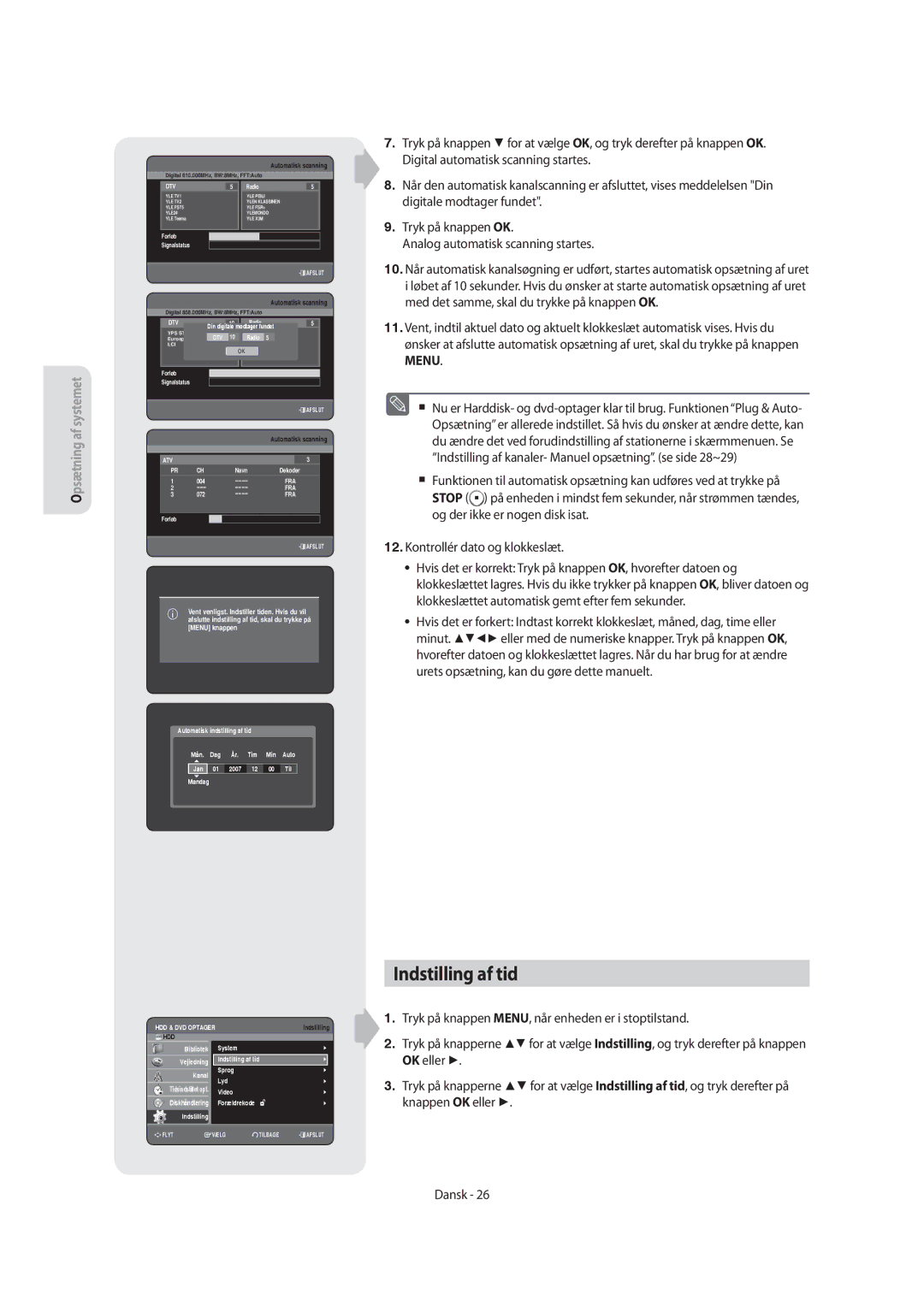 Samsung DVD-SH853/XEE manual System, Indstilling af tid Kanal Sprog Lyd, Video Diskhåndtering Forældrekode 