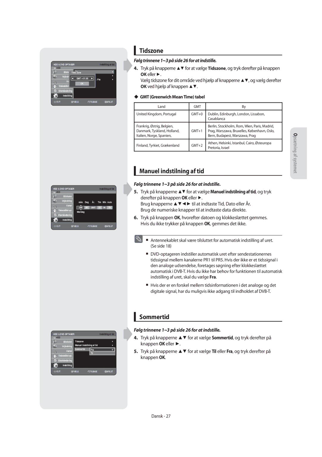 Samsung DVD-SH853/XEE manual Tidszone, Manuel indstilning af tid, Sommertid, ‹ GMT Greenwich Mean Time tabel, Fra 