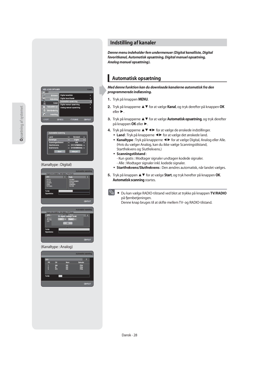 Samsung DVD-SH853/XEE manual Indstilling af kanaler, Automatisk opsætning, Scanningstilstand 